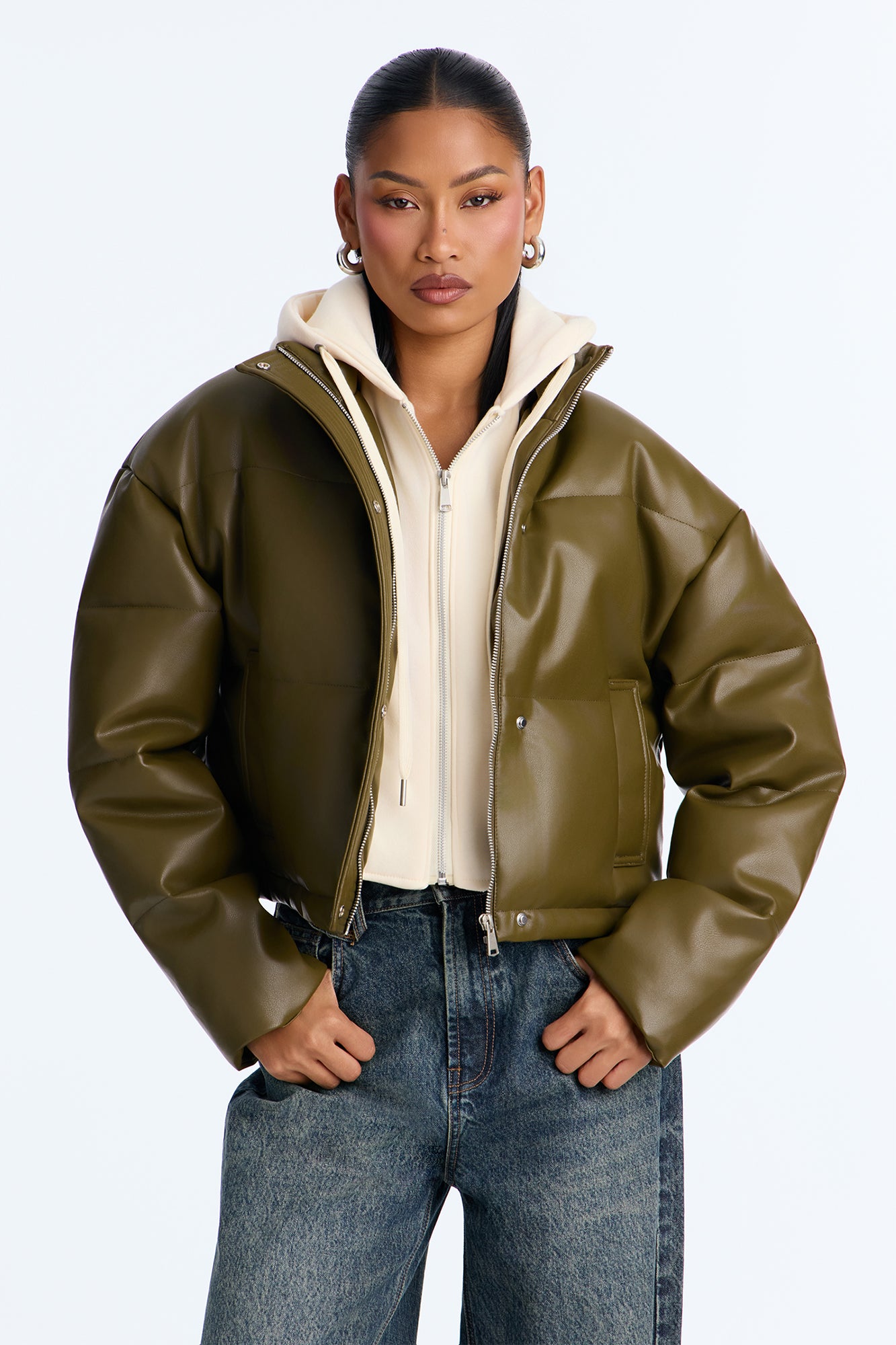 Blake Layered Faux Leather Puffer Jacket - Olive/combo
