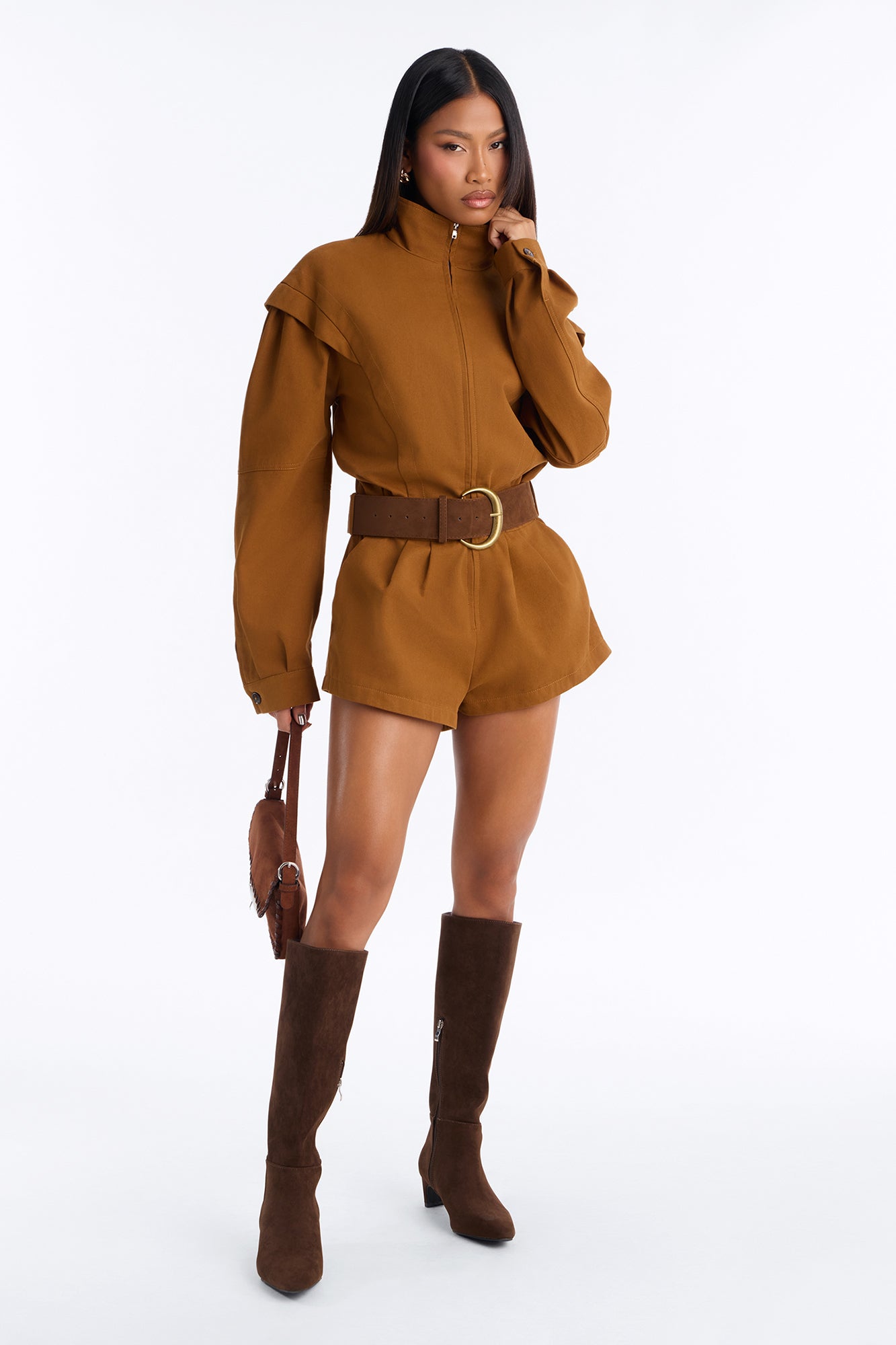 Rhea Twill Long Sleeve Belted Romper - Brown
