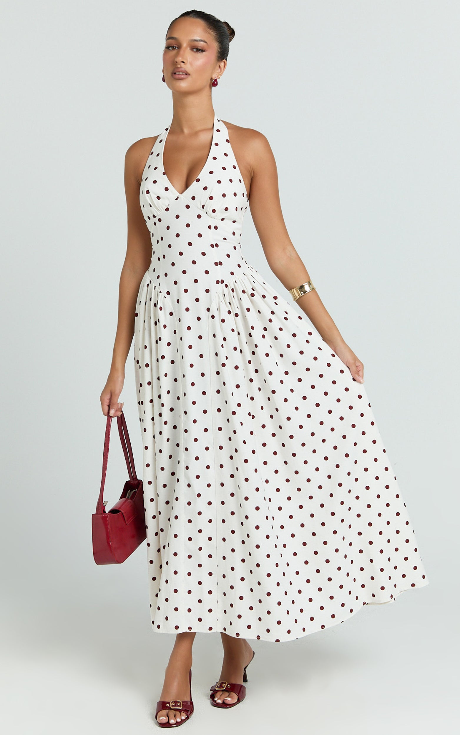 Athena Midi Dress - Halter Drop Waist Dress in Red Polka Dot