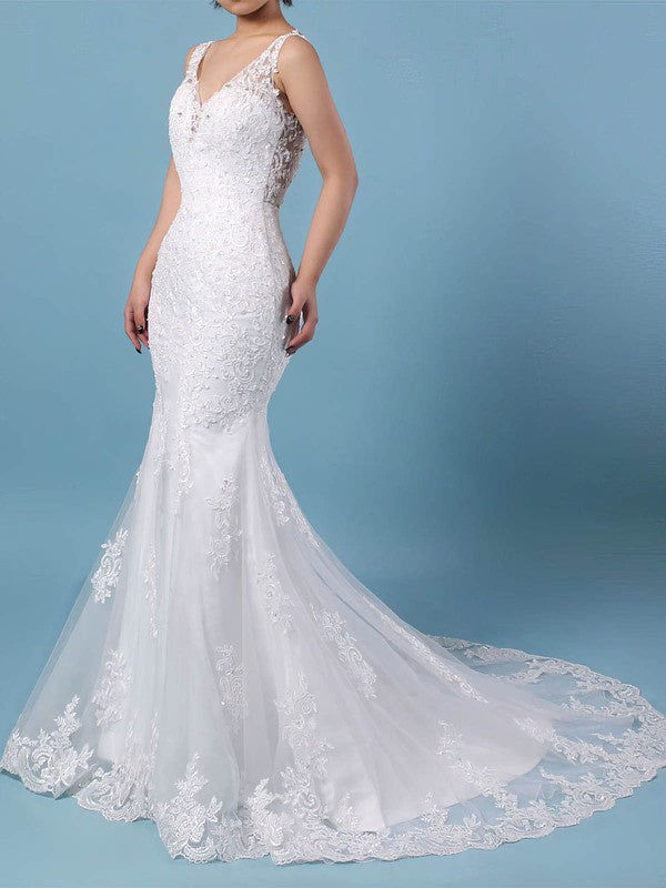 Gorgeous Court Train Trumpet V-Neck Sleeveless Tulle Wedding Dresses with Beads