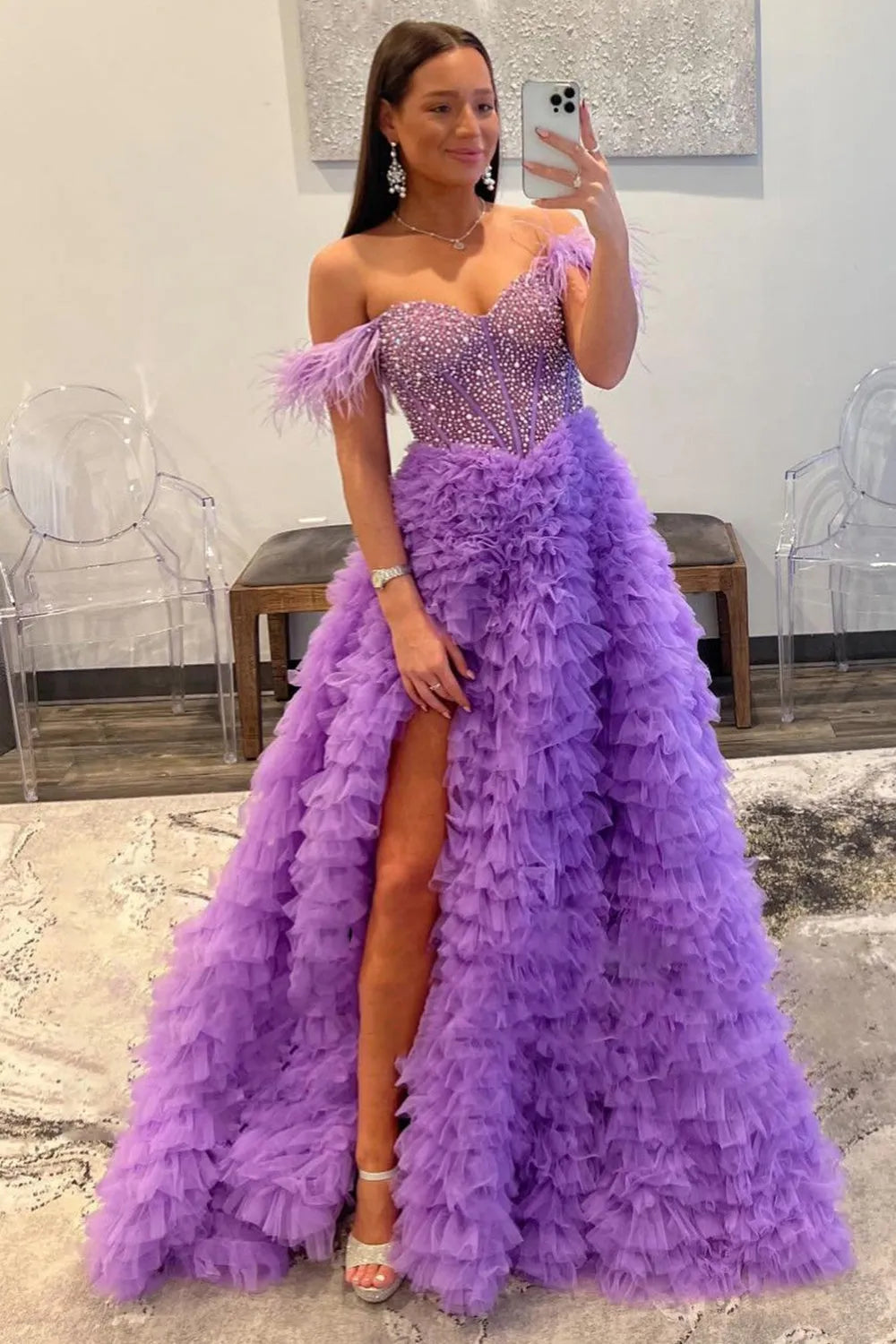 Long A-Line Corset Prom Dress in Purple with Off-Shoulder Tulle Tiers and Feather