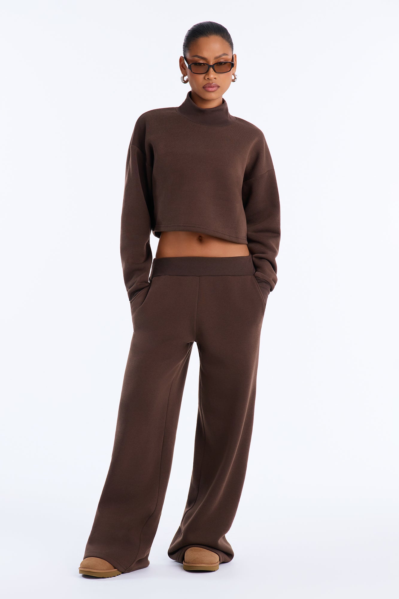 Madison Fleece Mock Neck Pant Set - Chocolate