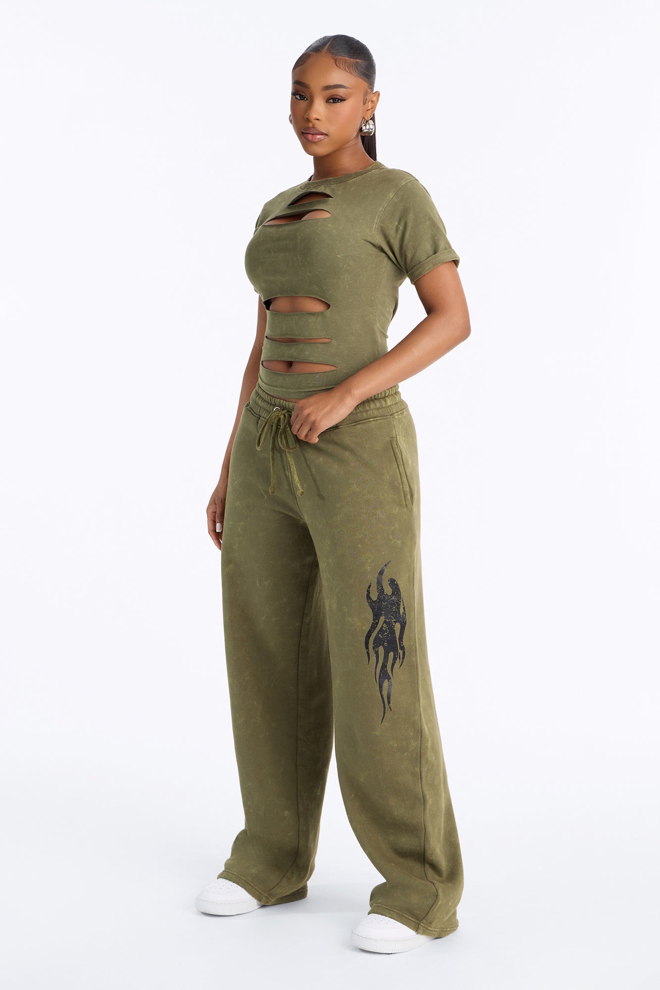 Lennon Distressed Fleece Pant Set - Olive