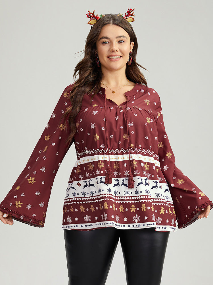Christmas Print Tassels Ties Blouse
