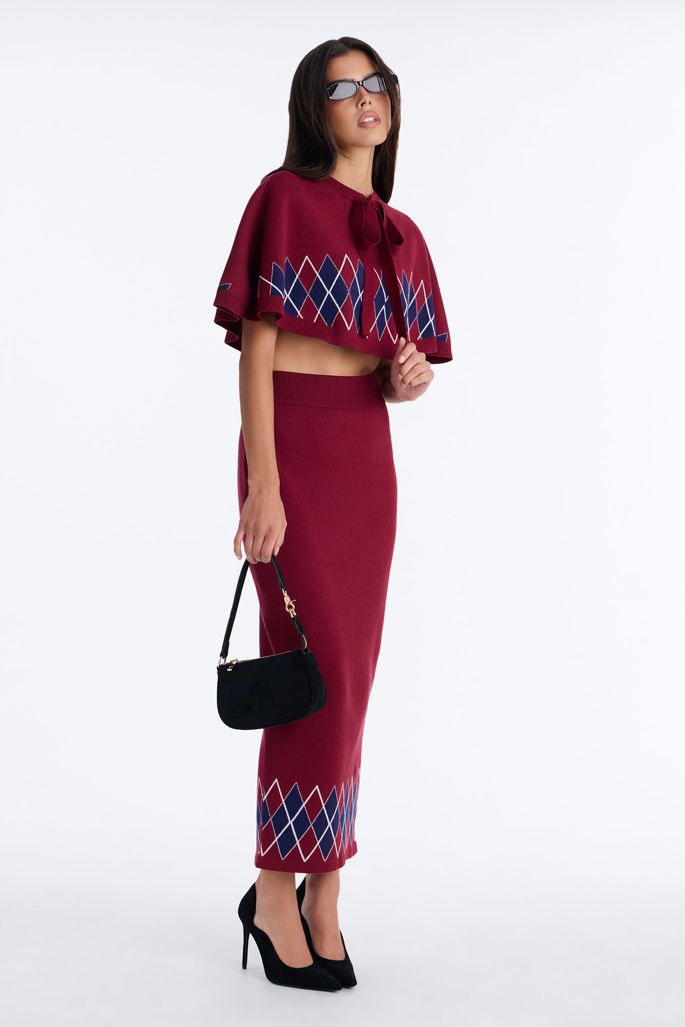 Preppy Sweater Argyle Cape Maxi Skirt Set - Burgundy/combo