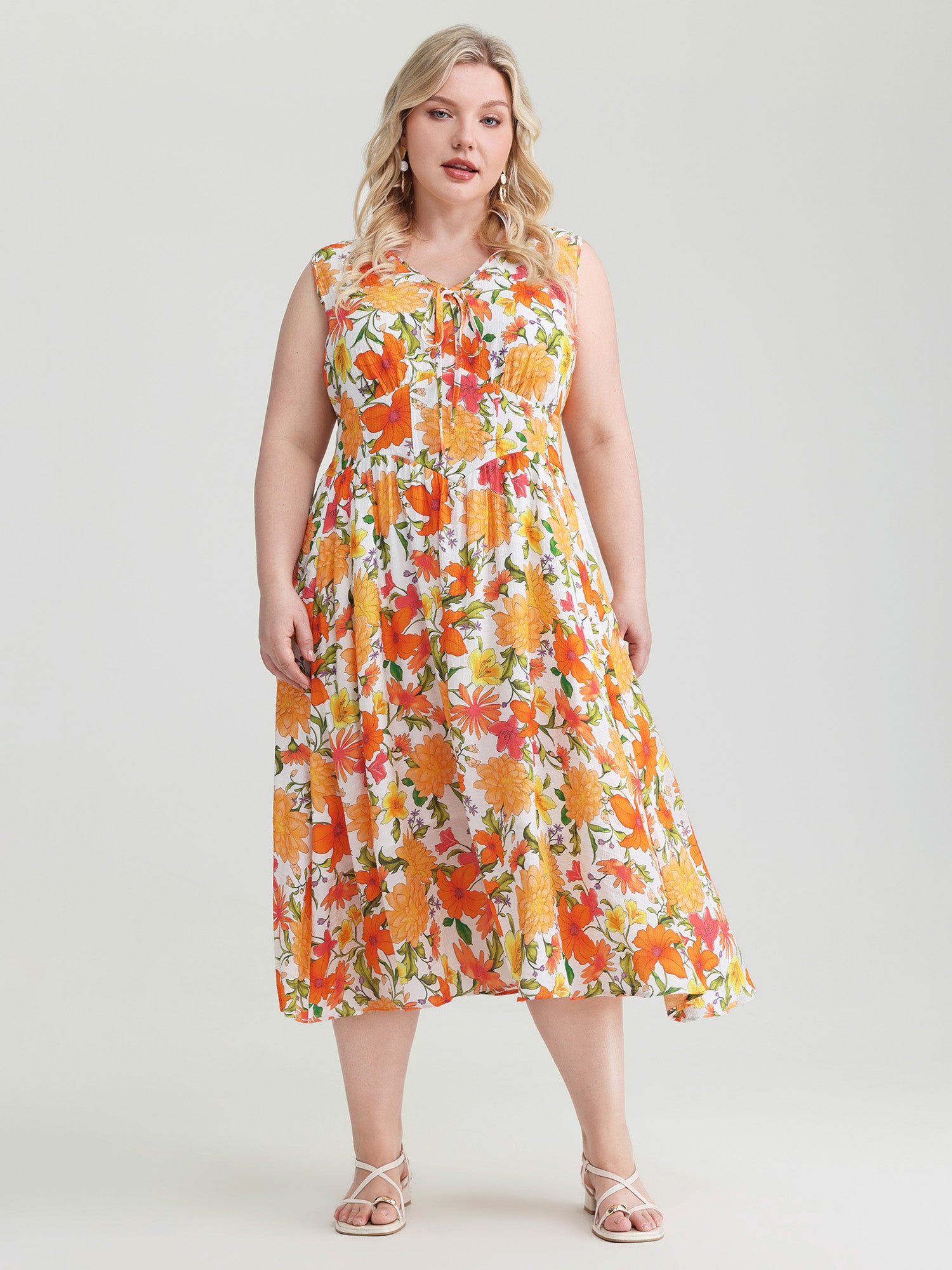 Retro Floral Print Shirred Waist Midi Dress