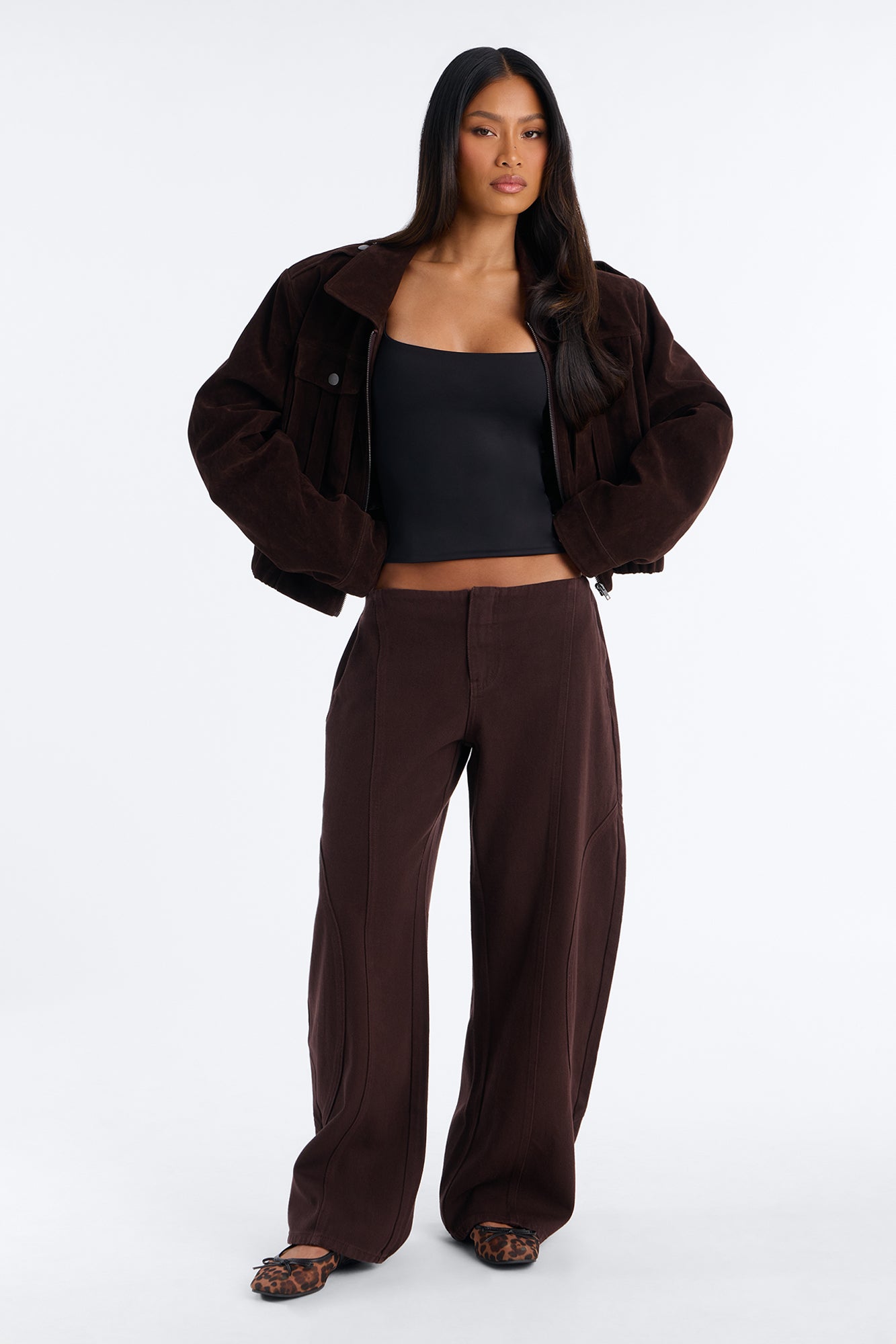 Maliah Low Rise Twill Barrel Leg Pants - Chocolate