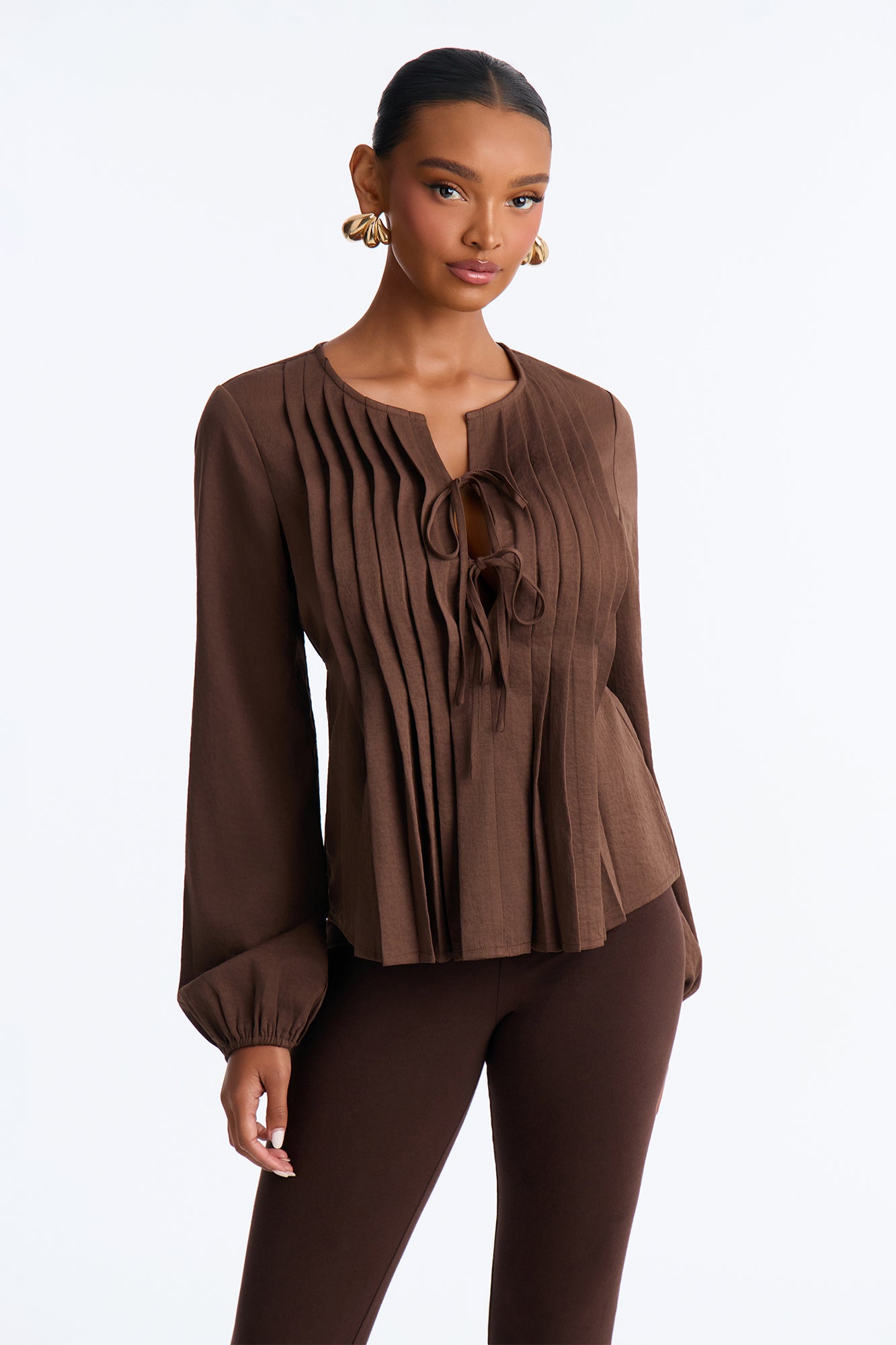 Move Along Pleated Long Sleeve Blouse - Chocolate