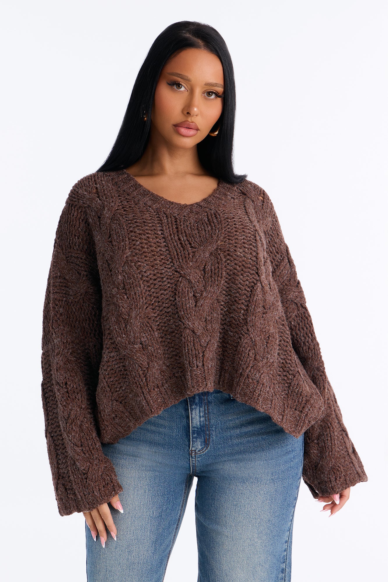 Nola Relaxed Cable Knit Sweater - Brown