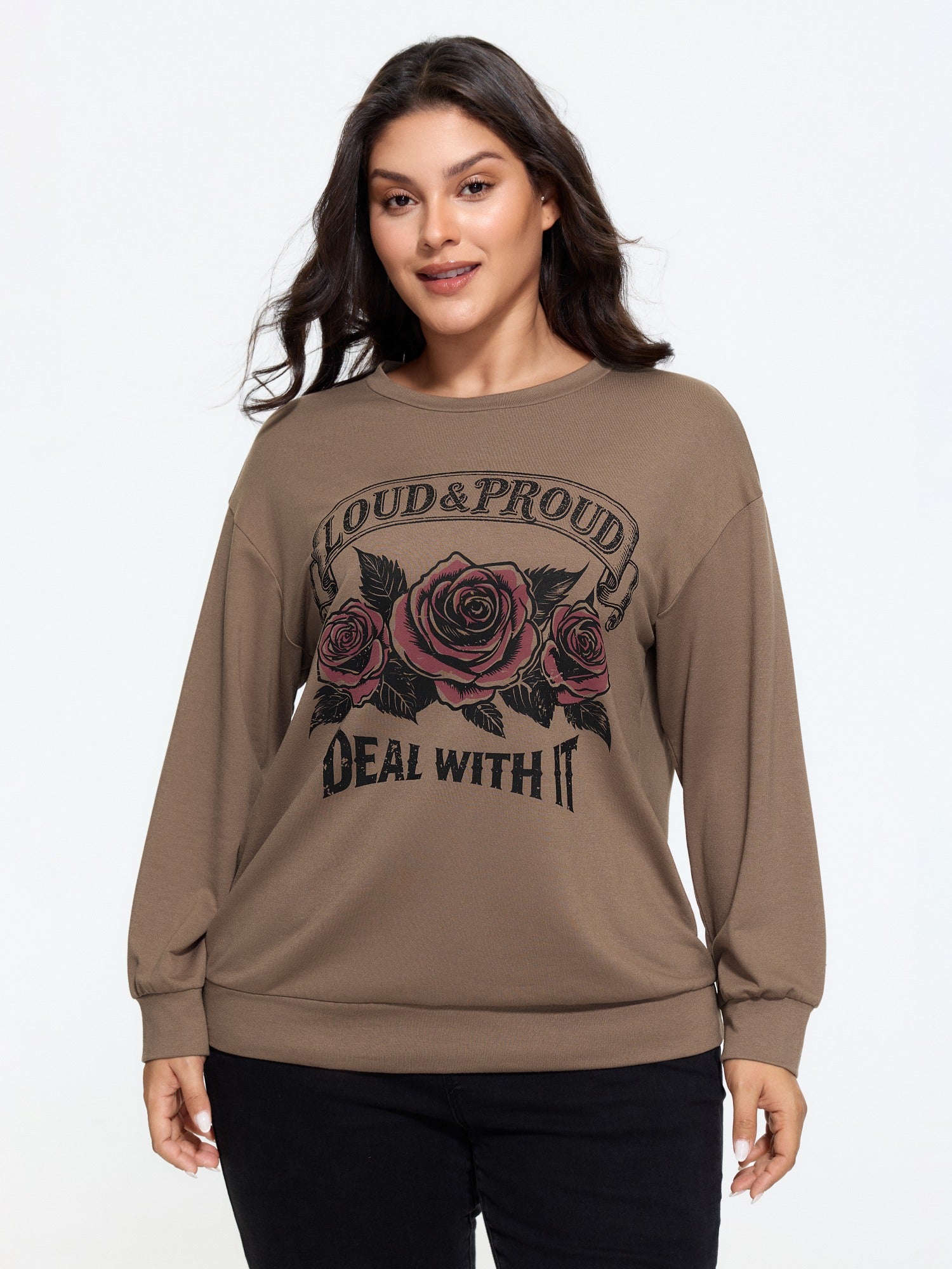 Stretch Retro Rose Print Loose Sweatshirt