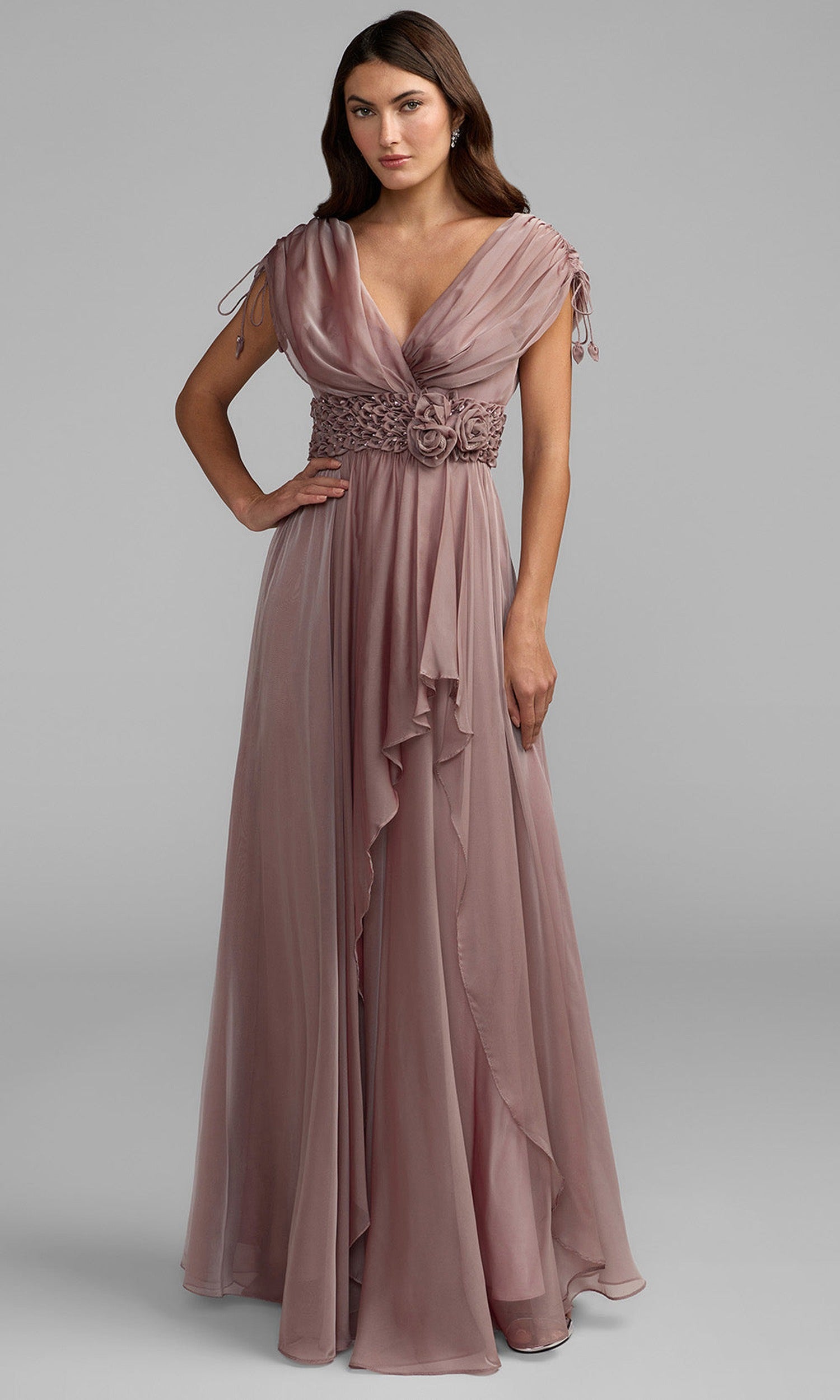Mac Duggal 69089 - Crystal Floral Waistband V-Neck Evening Gown