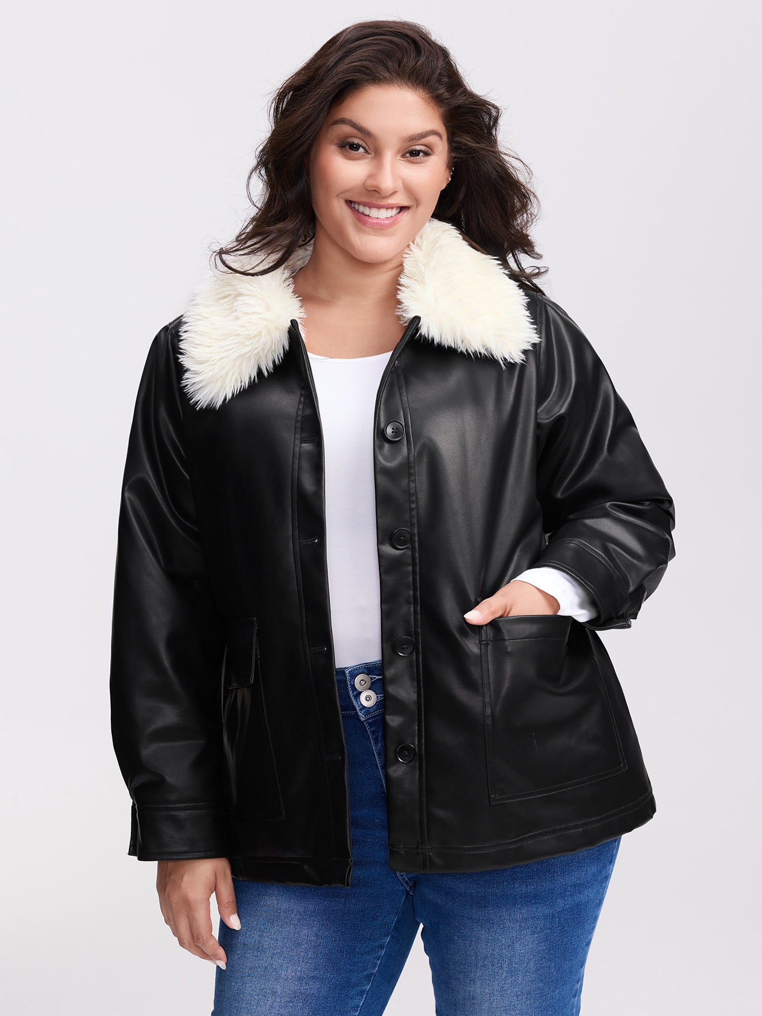 Fuzzy Collar Button-Front Quilted Jacket