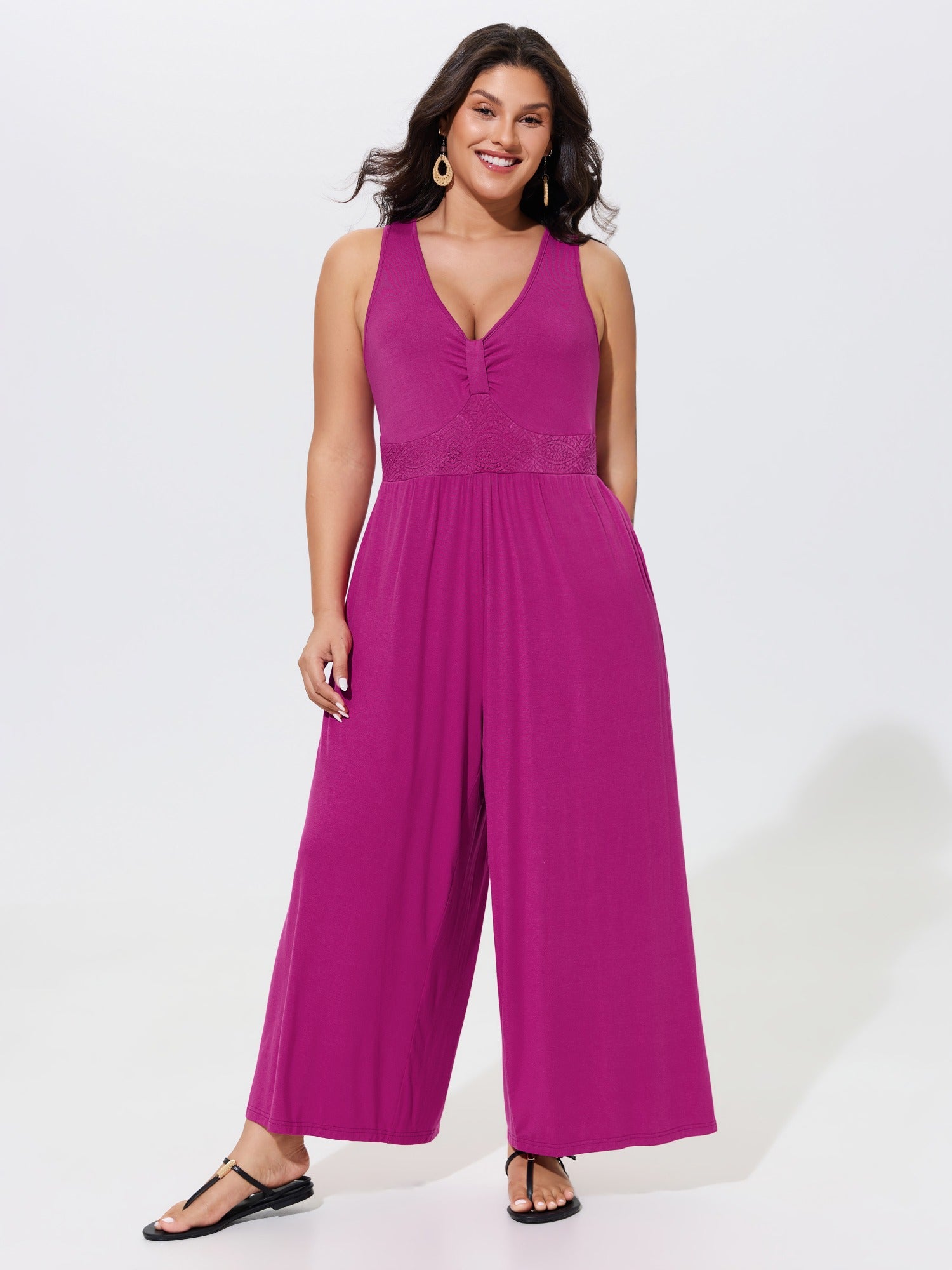 V‑Neck Front Ruched Lace Waist Sleeveless Jumpsuit