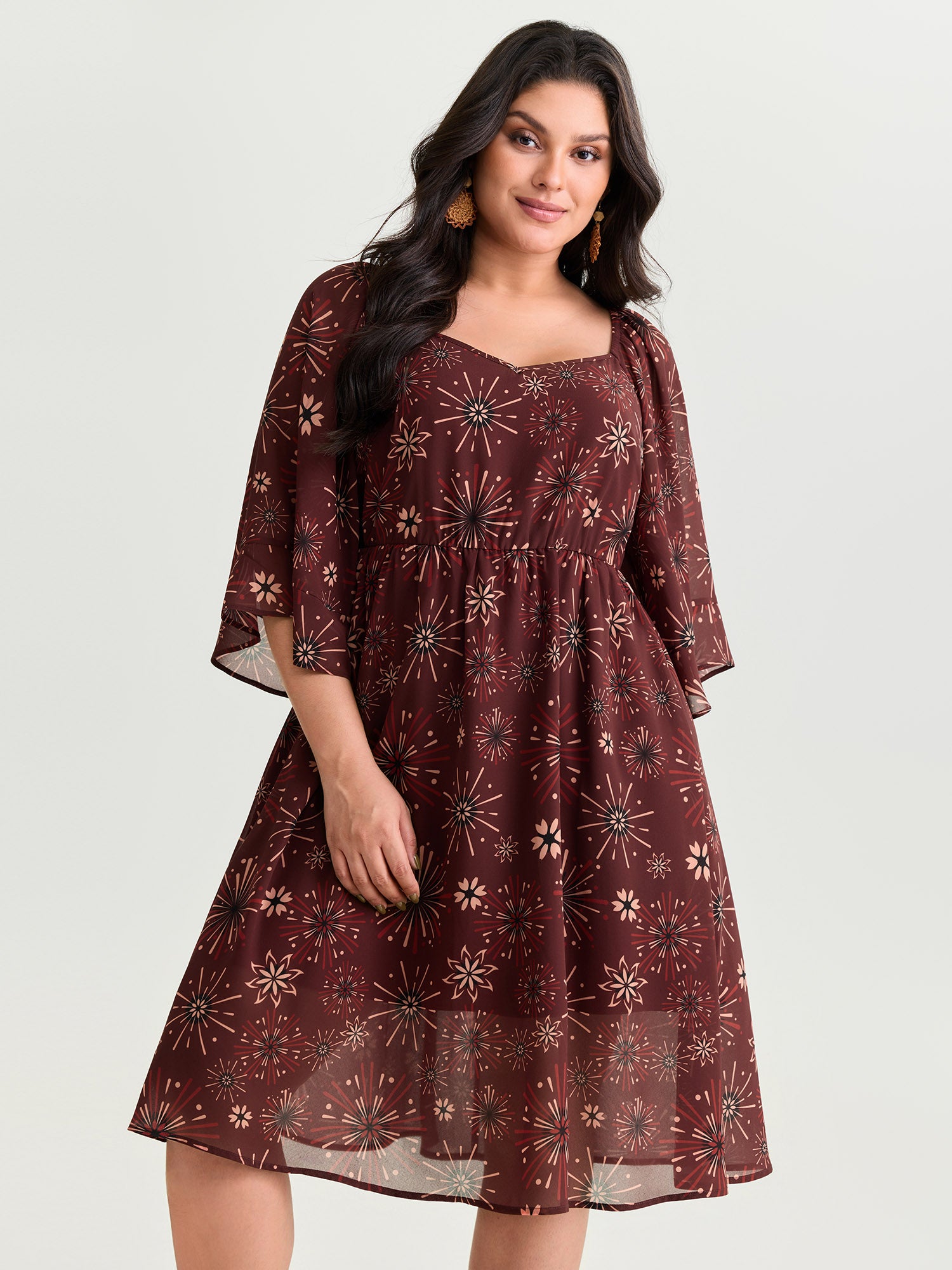 Vintage Floral Print Flowy Mesh Midi Dress
