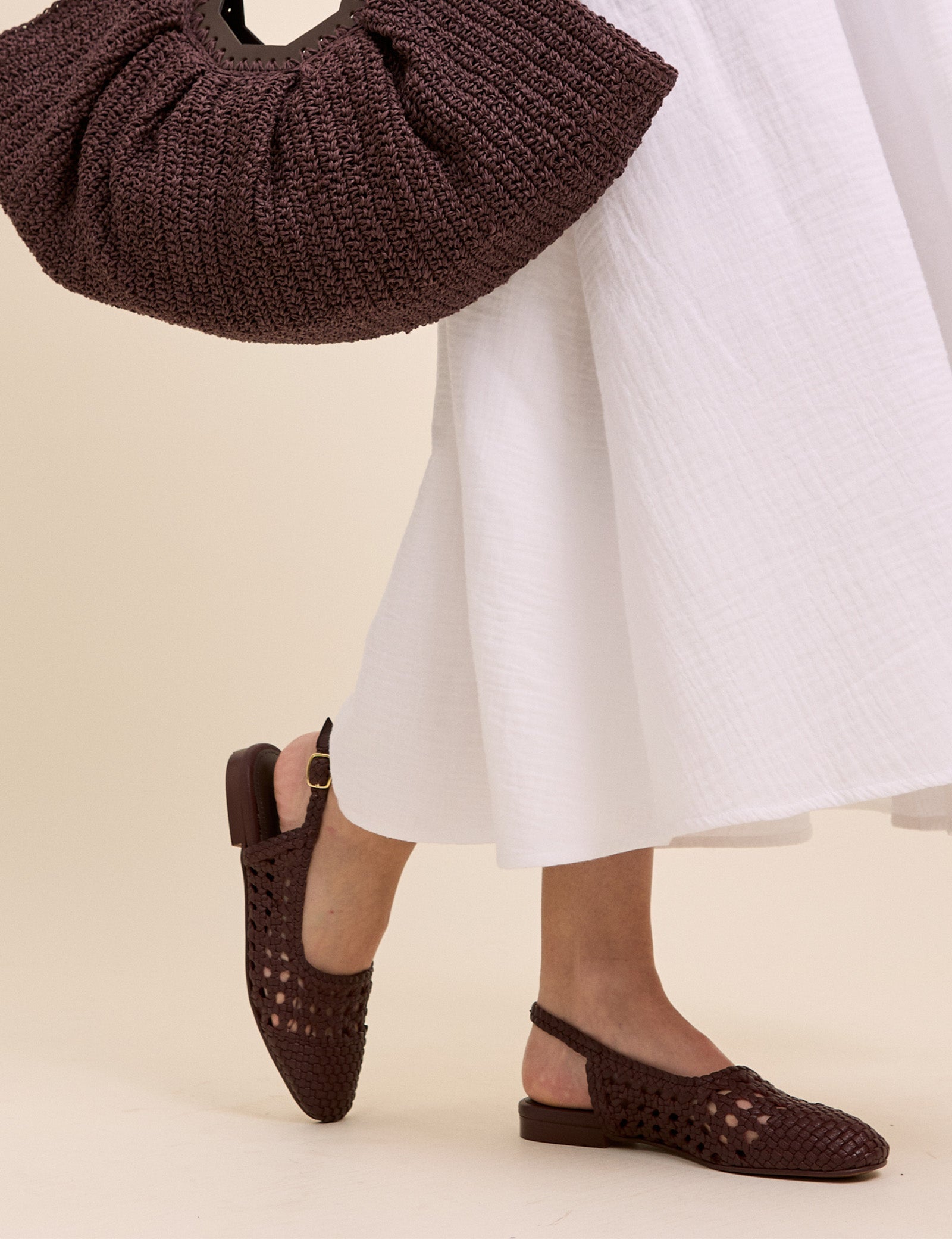 Brown Woven Leather Slingback Flats