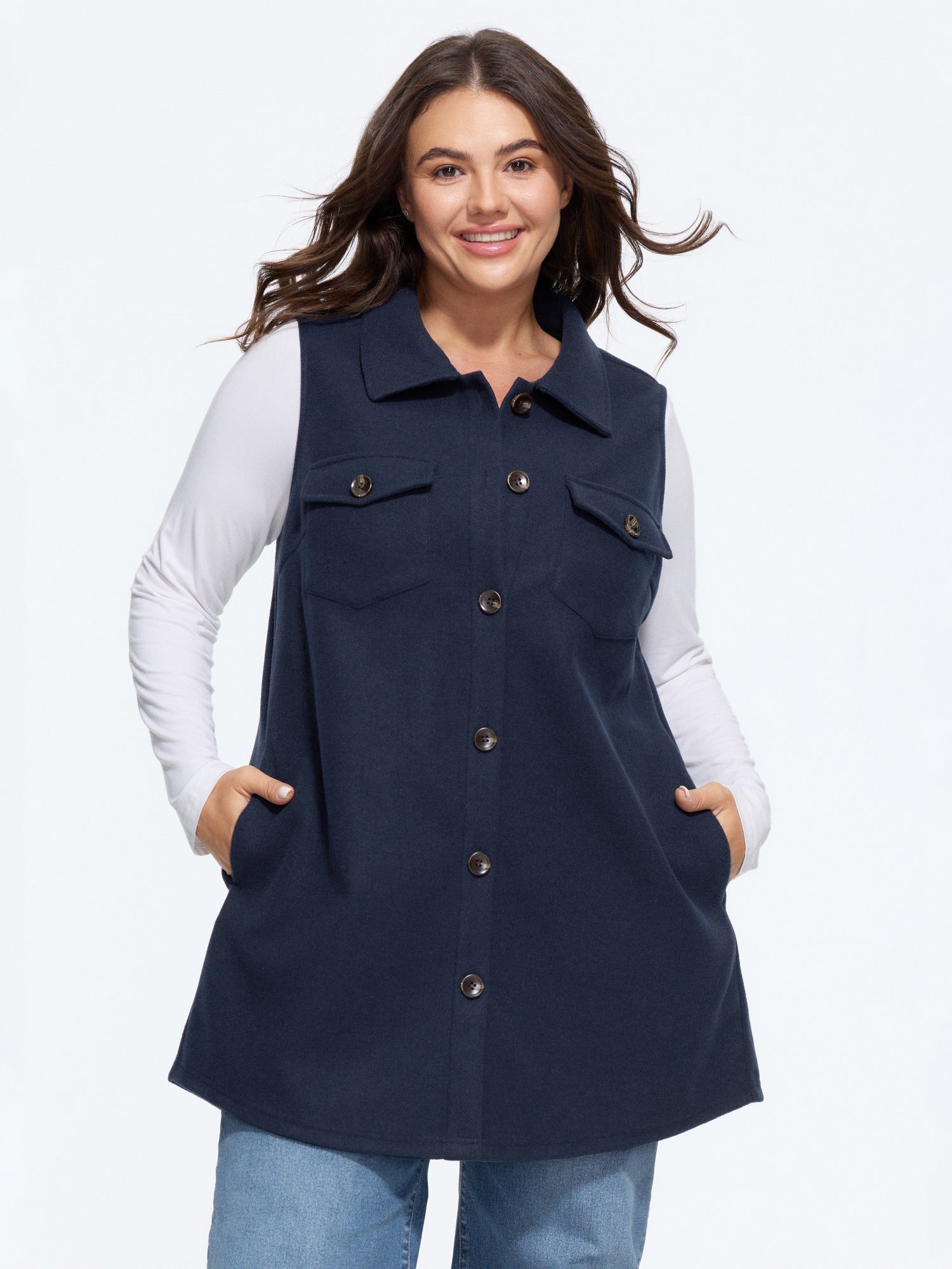 Collared Button Down Pocket Sleeveless Jacket