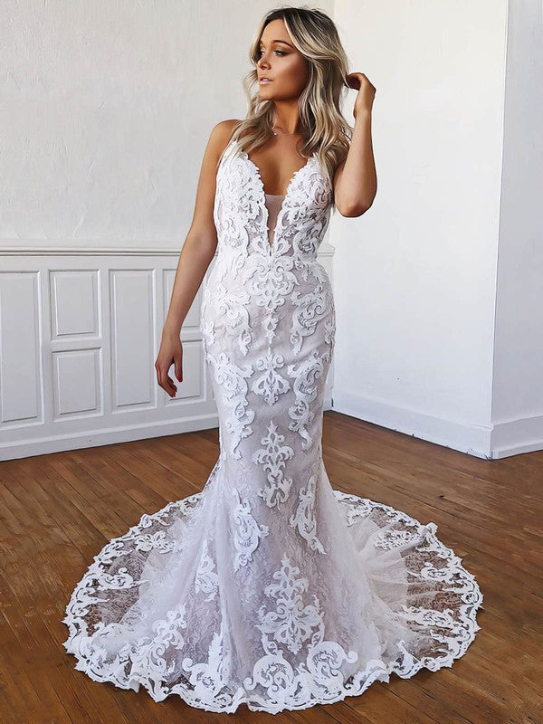 Exquisite V-Neck Sleeveless Lace Chapel Train Mermaid Wedding Dresses with Appliques