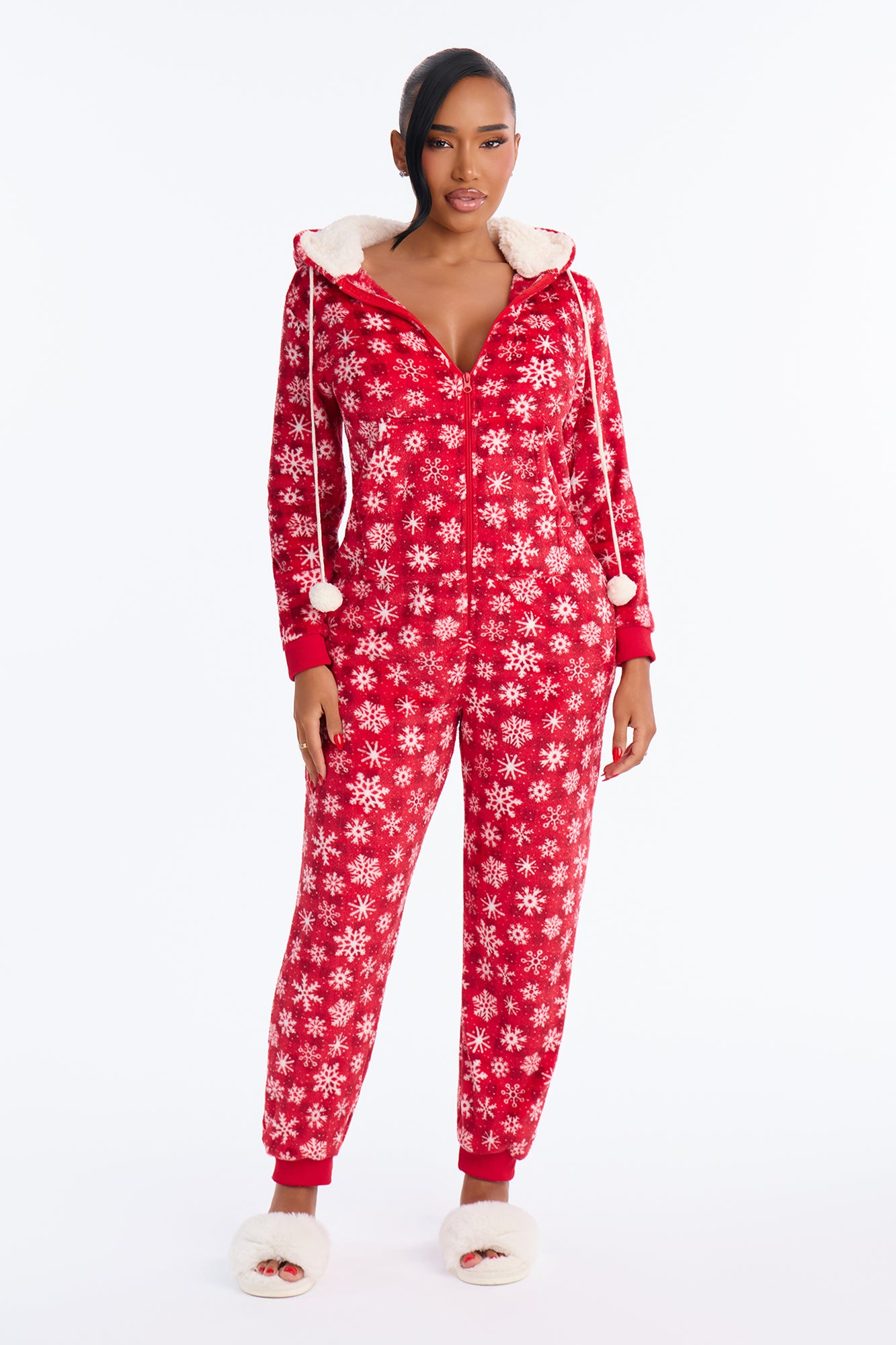 Sweet Snowy Dreams Hooded Plush PJ Onesie - Red
