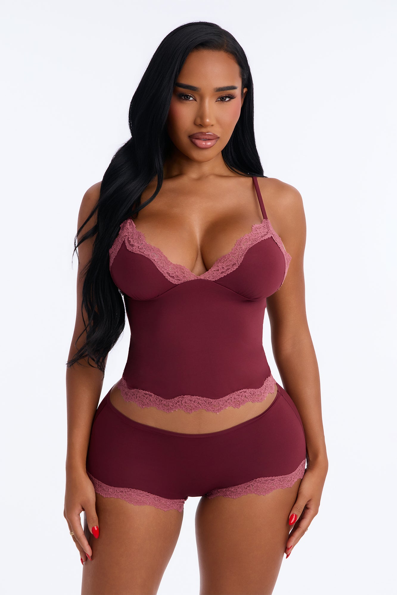 On My Mind Lace Trim 2 Piece Cami Boyshort Set - Wine