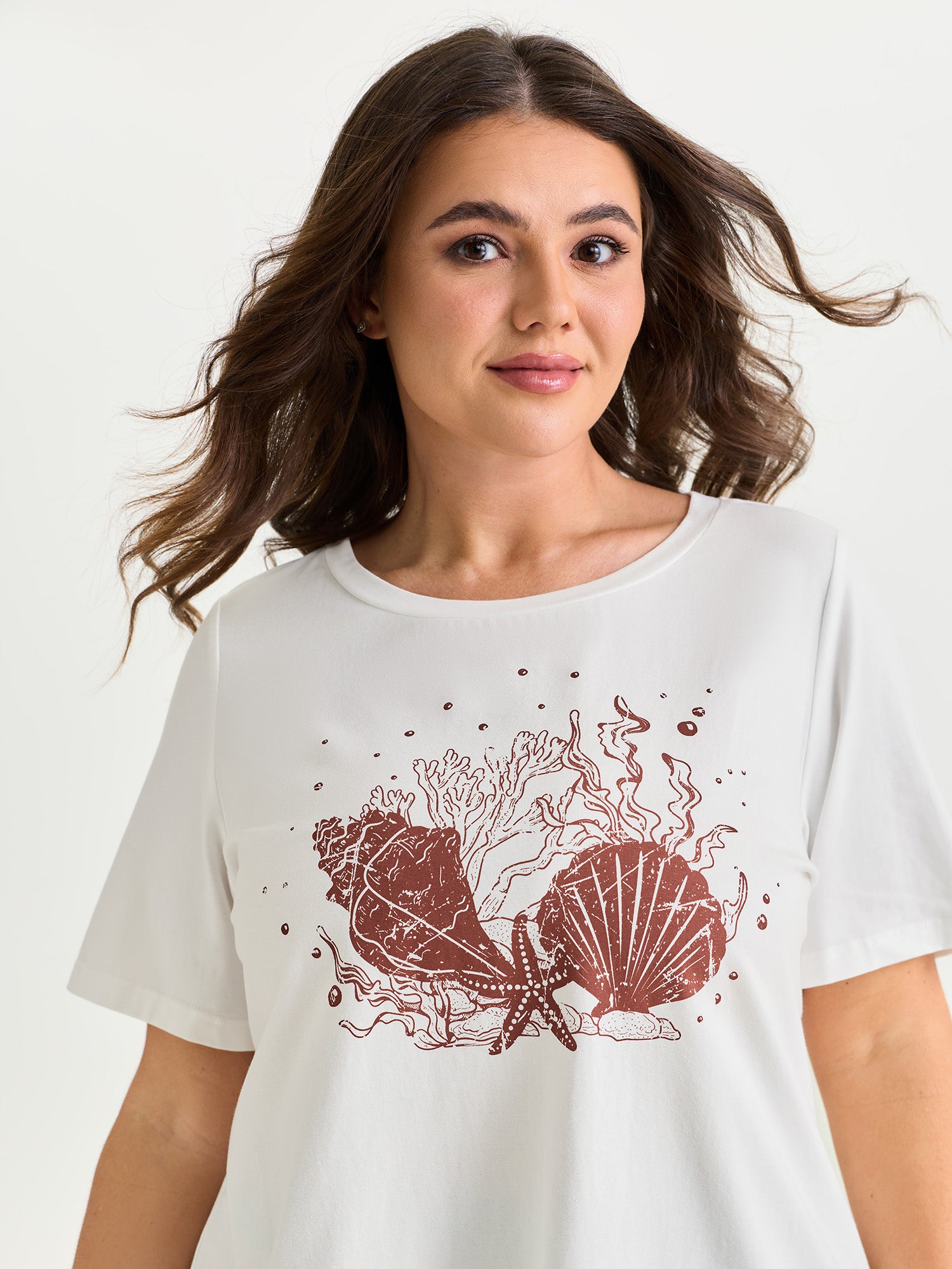 Cotton Stretchy Starfish Print Round Neck T-Shirt