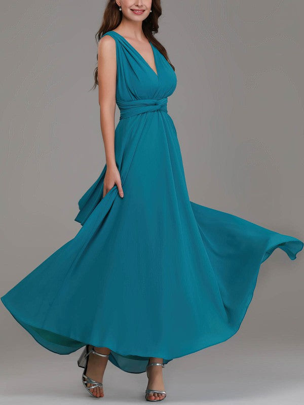 Stylish A-Line V-Neck Chiffon Ankle-Length Bridesmaid Dresses with Sash