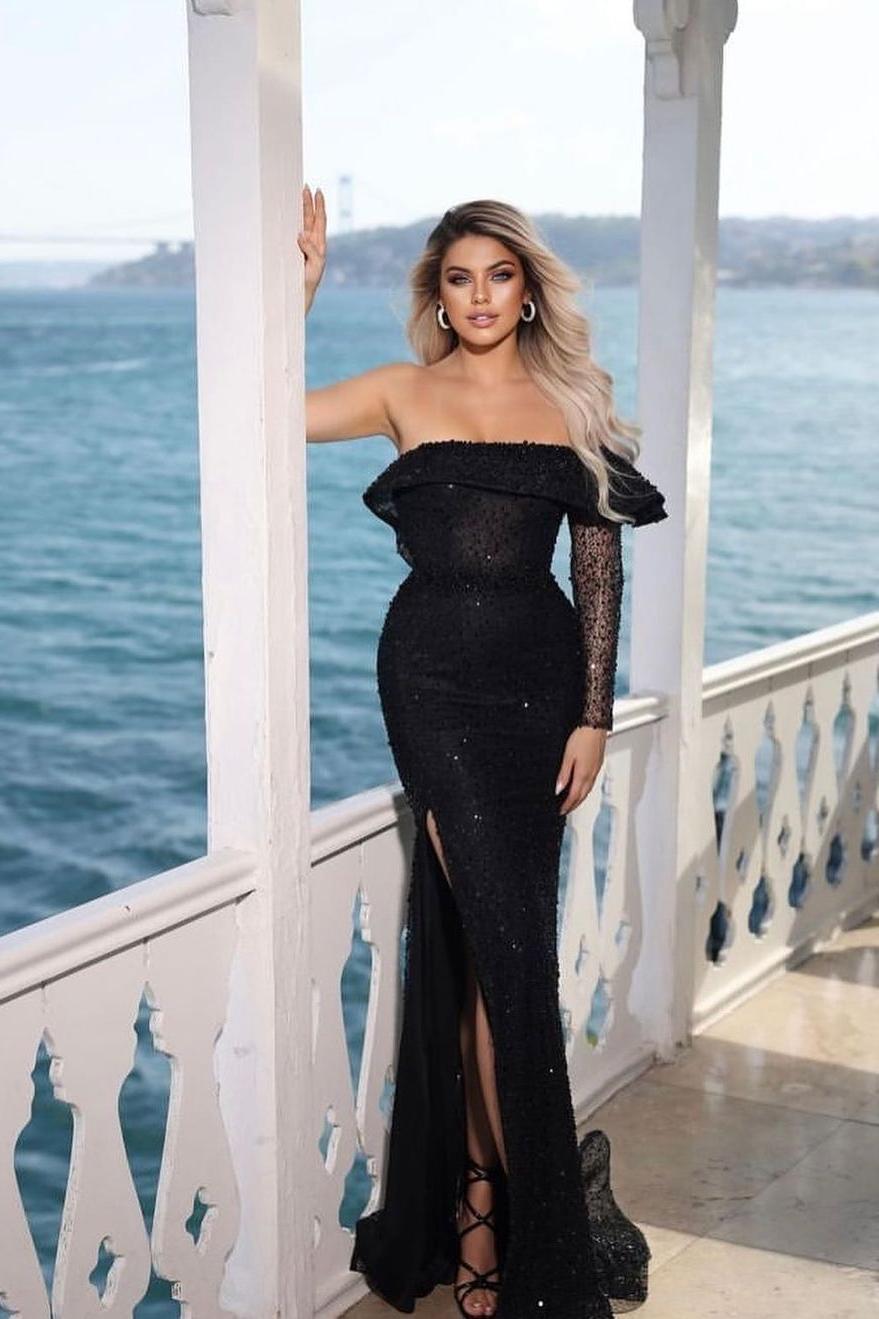 Black Sequins One Shoulder Long Sleeve Mermaid Long Formal Dress With Split