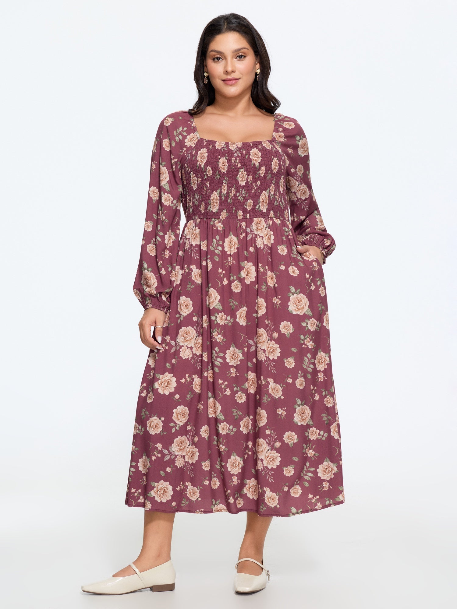 Floral Print Square Neck Shirred Midi Dress