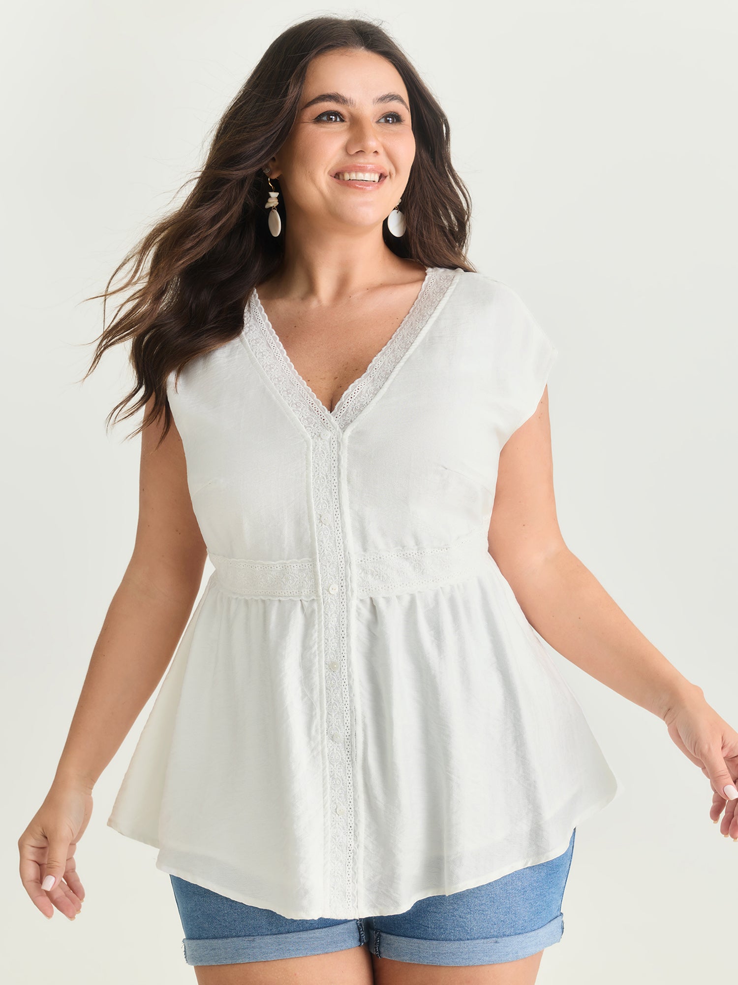 Lace Trim Button Placket Blouse