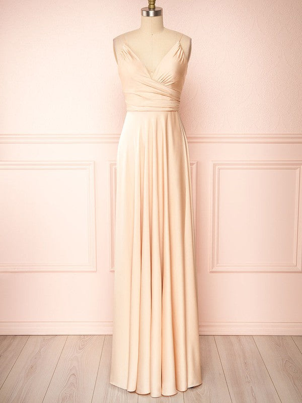 Gorgeous A-Line V-Neck Satin Floor-Length Ruffles Bridesmaid Dresses