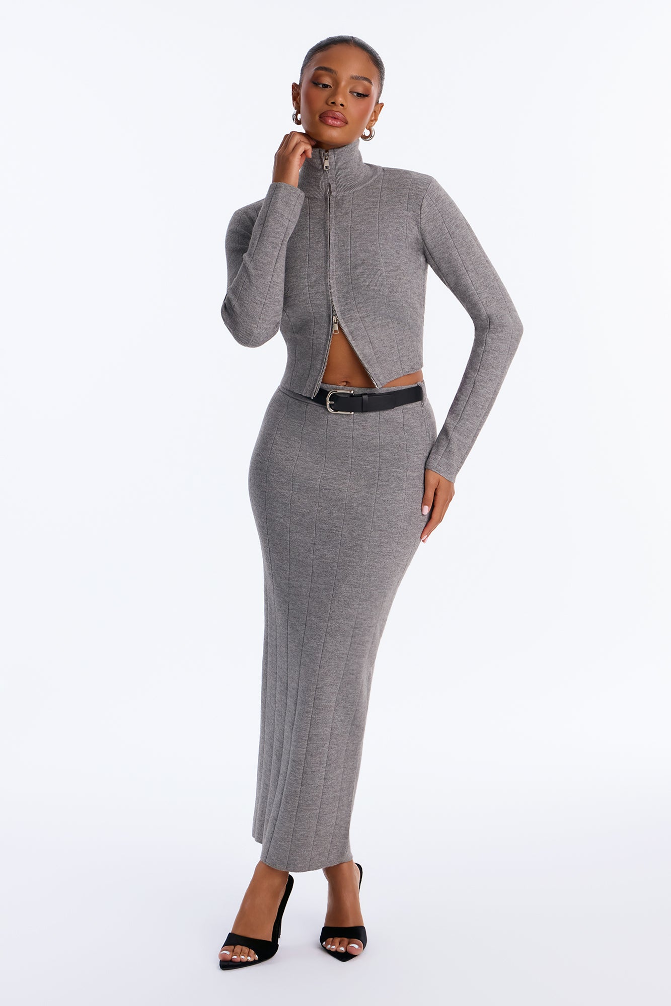 Adriana Belted Sweater Skirt Set - Grey