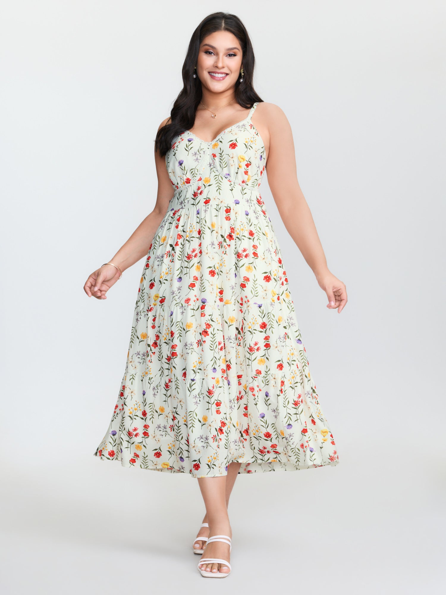 Floral Print Lace Trim Cinched Waist Midi Dress