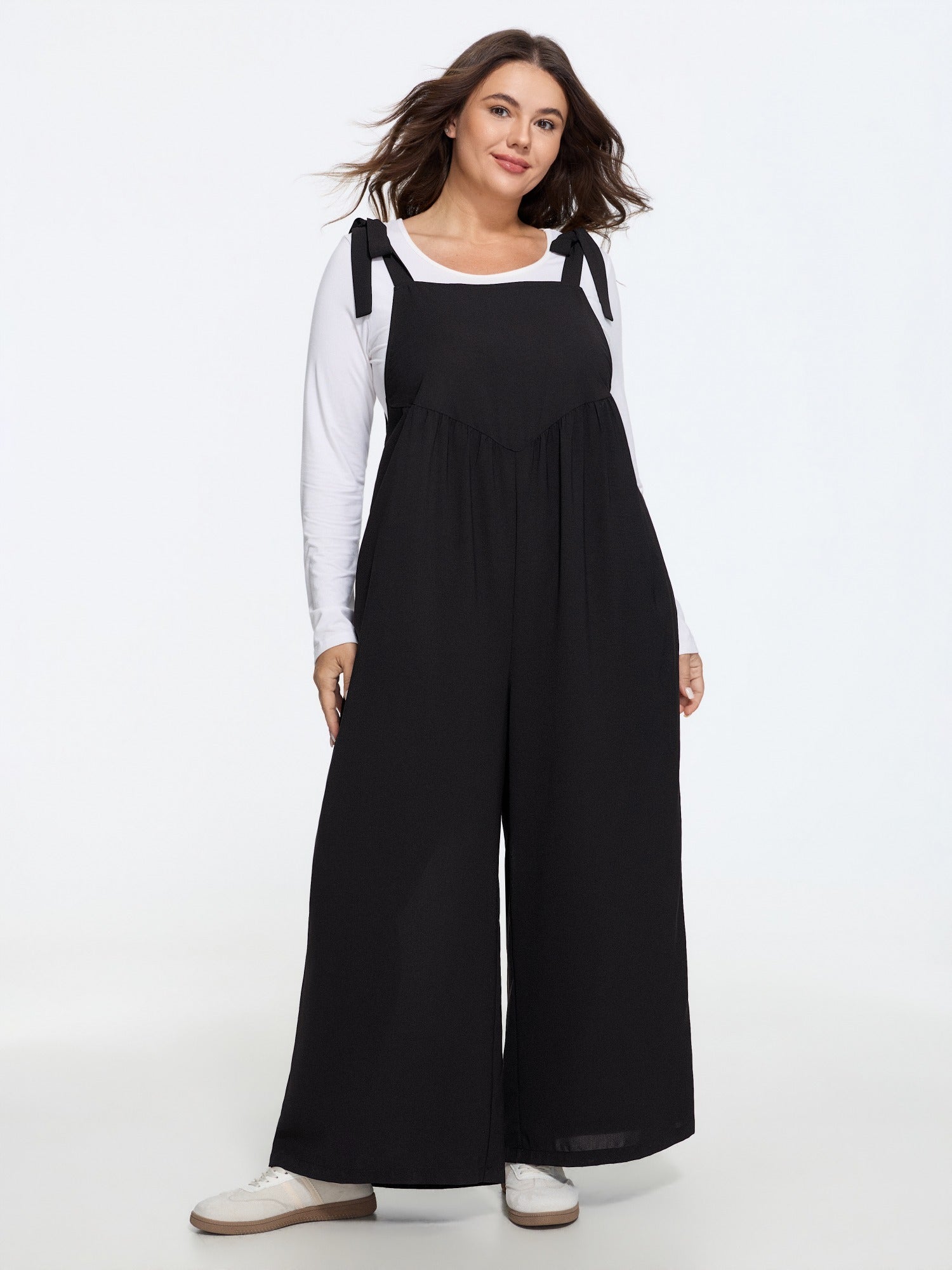 Solid Pockets Shoulder Ties Jumpsuit