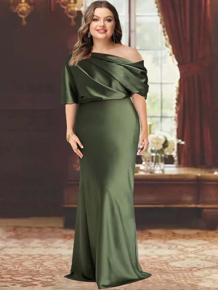 One-Shoulder Plus Size Floor-Length Sheath Mother of the Bride Dress with Ruffles