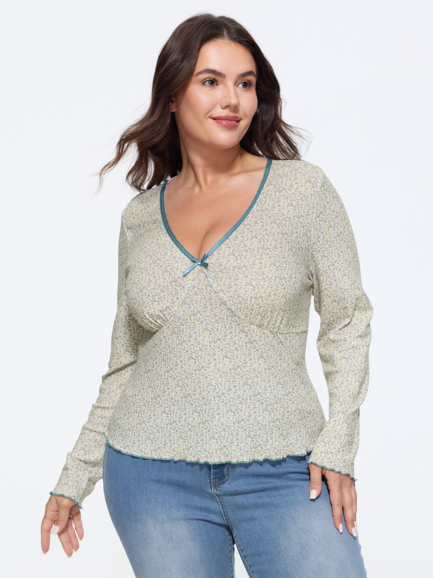 Ditsy Floral Print V‑Neck Satin Bow Detail T‑Shirt