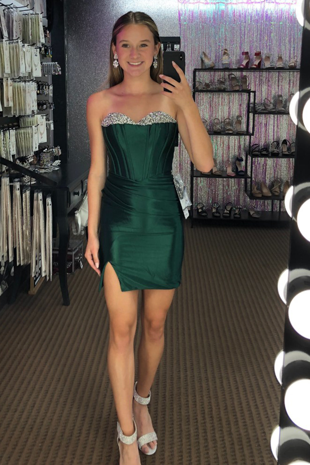 Sparkly Dark Green Tight Short Satin Homecoming Dress/Mini Dress