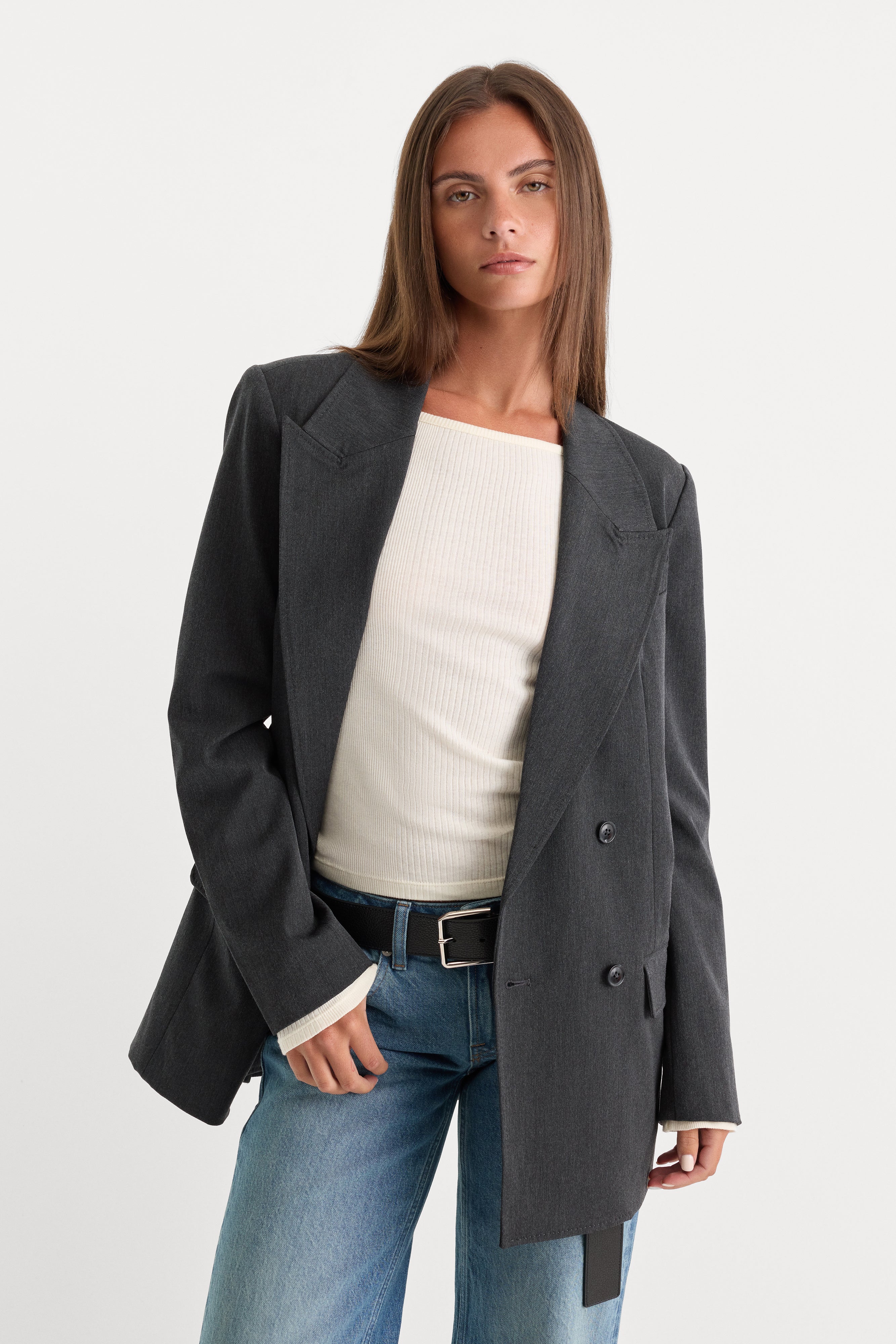 ESSENTIAL SUITING OVERSIZED DOUBLE BREASTED BLAZER | DARK HEATHER GRAY