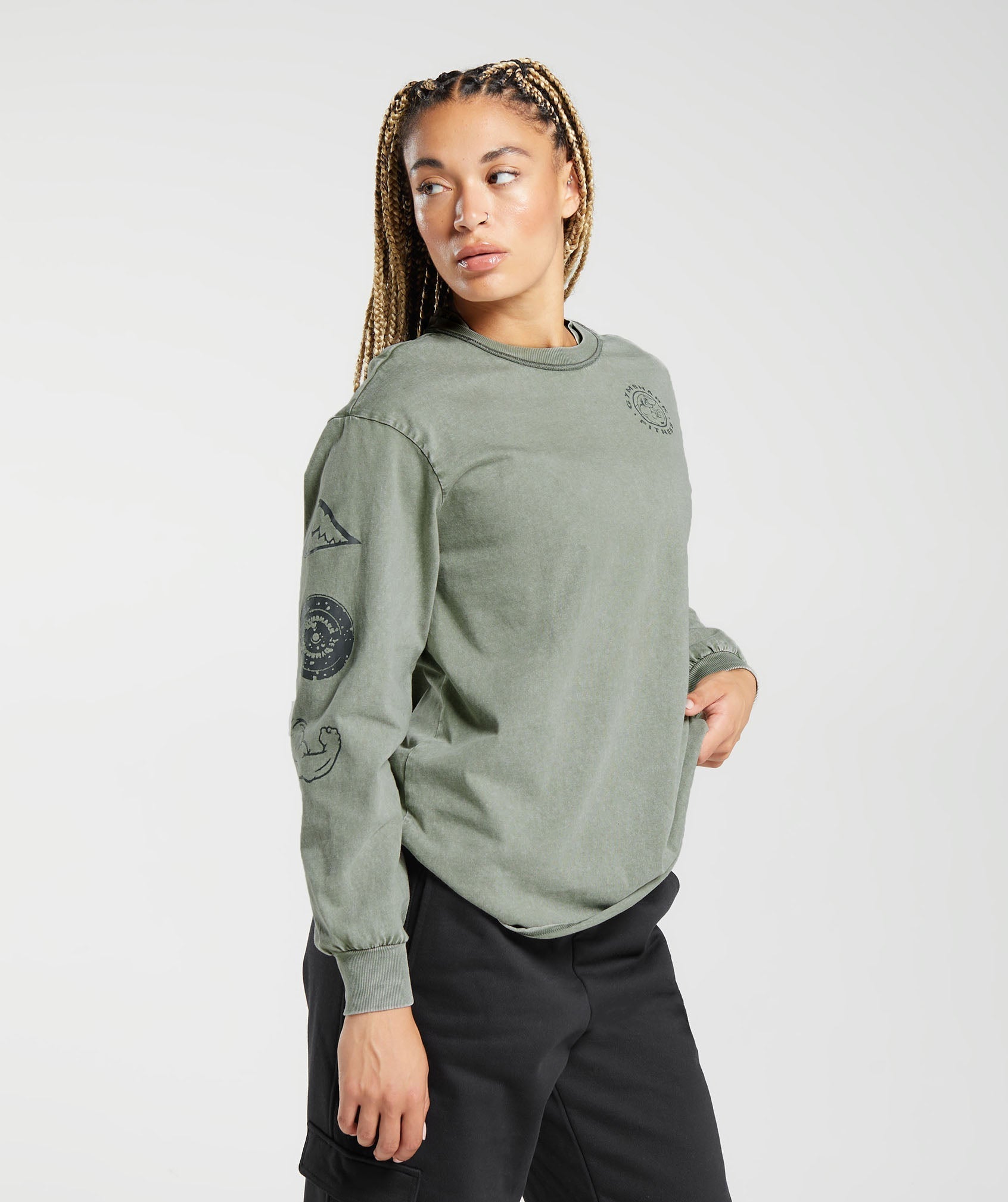 Gymshark Legacy Washed Long Sleeve Top - Dusk Green/Acid Wash Small Ball
