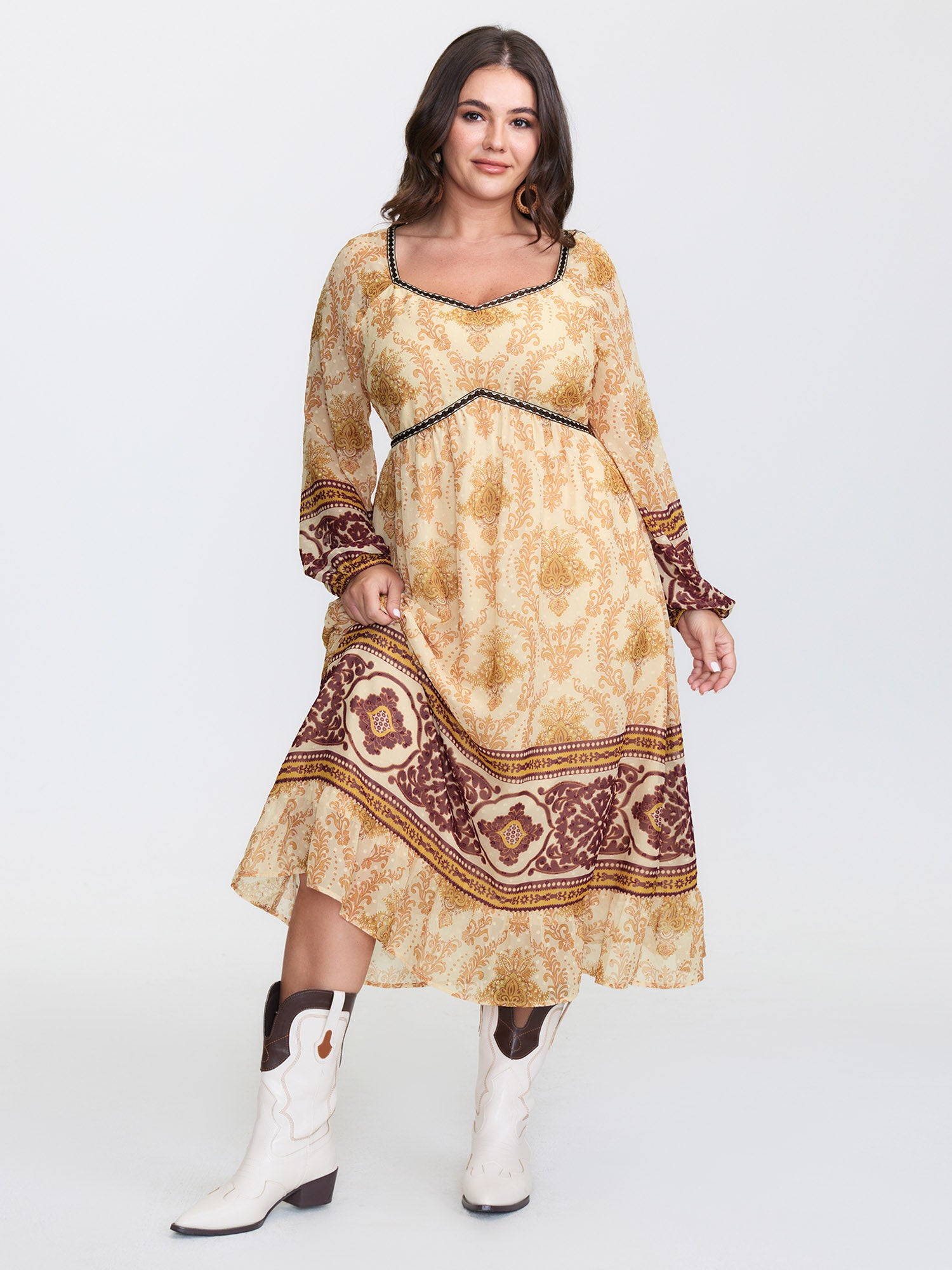 Textured Chiffon Printed Contrast Midi Dress