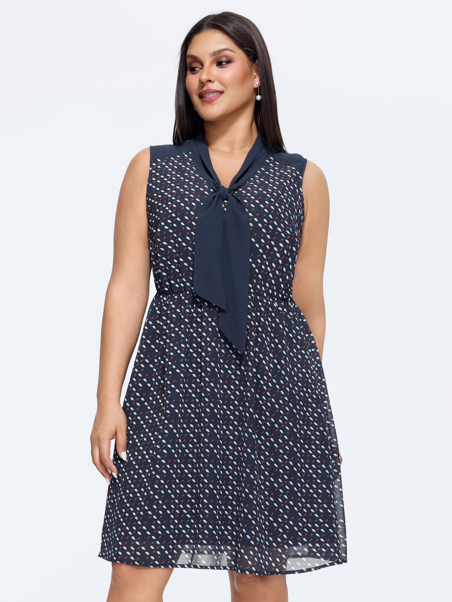 Geometric Print Ribbon Neckline Midi Dress