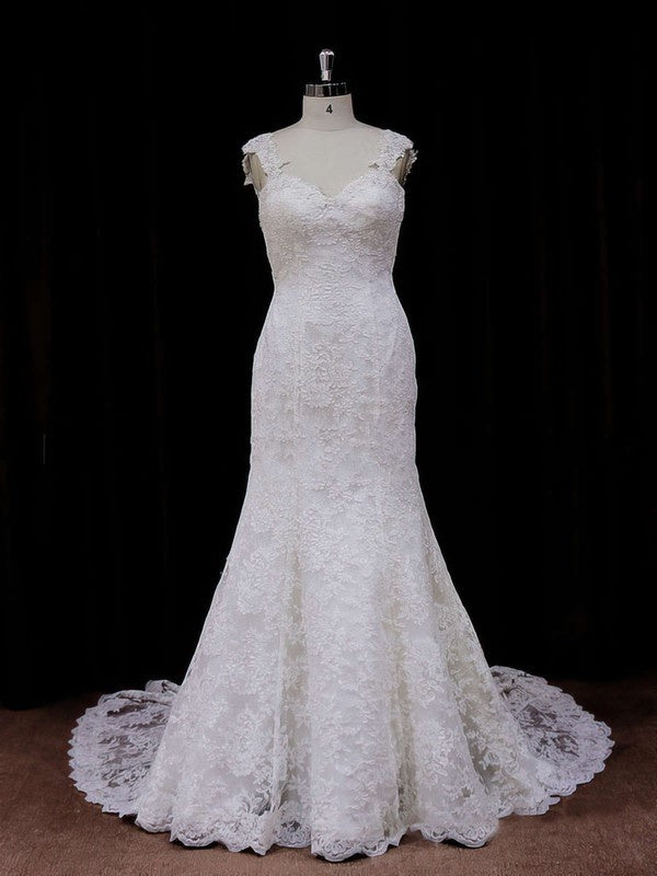 Trendy Lace Chapel Train Sleeveless Sweetheart Trumpet Wedding Dresses