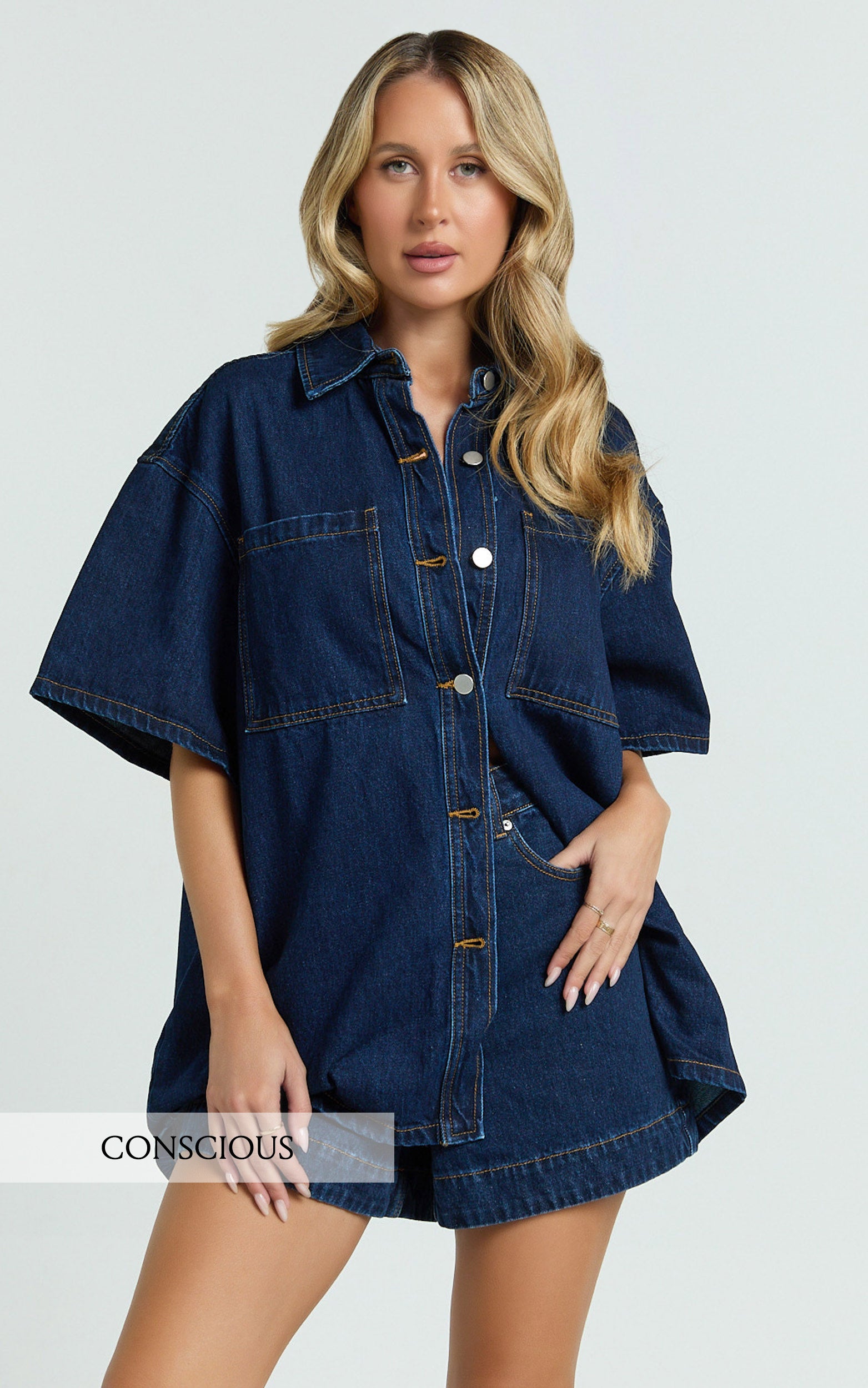 Rhianna Top - Oversized Recycled Denim Short Sleeve Shirt in Indigo Wash