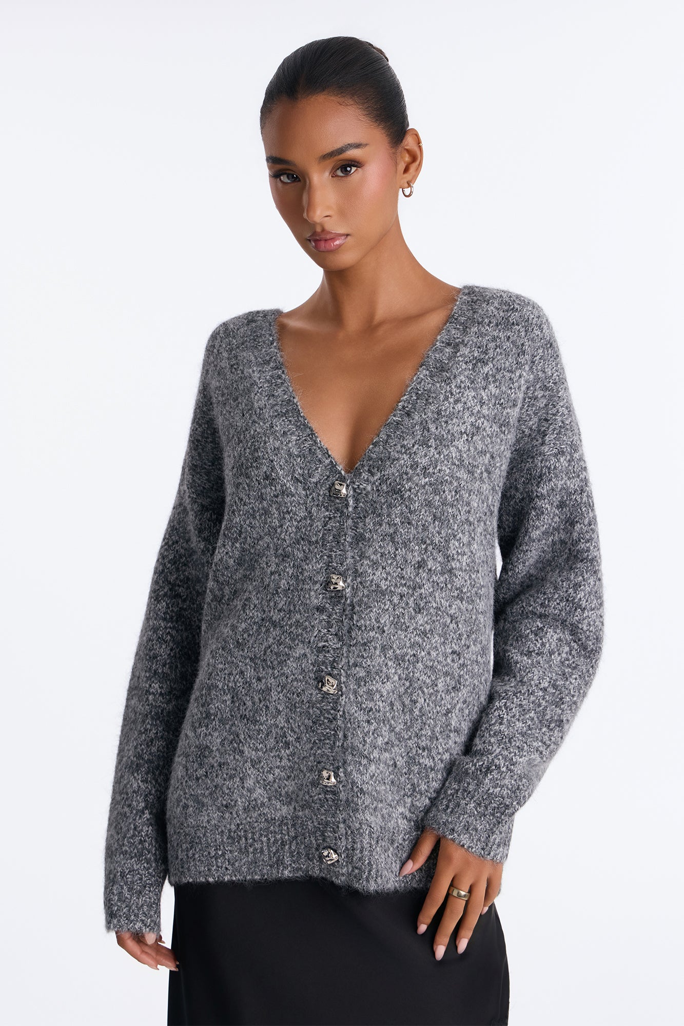 Cozy Chic Oversized Button Trim Cardigan - Charcoal