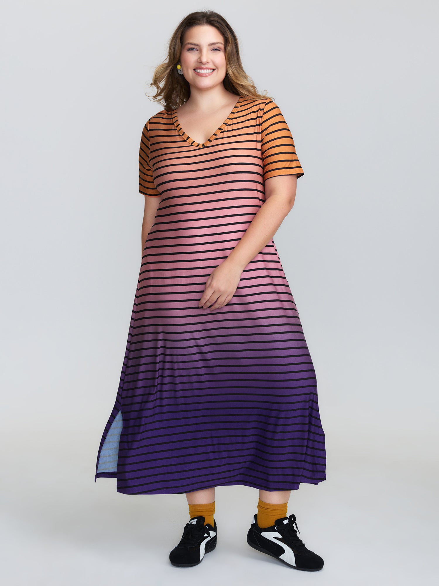 Color Gradient Stripe Slit Lounge Dress