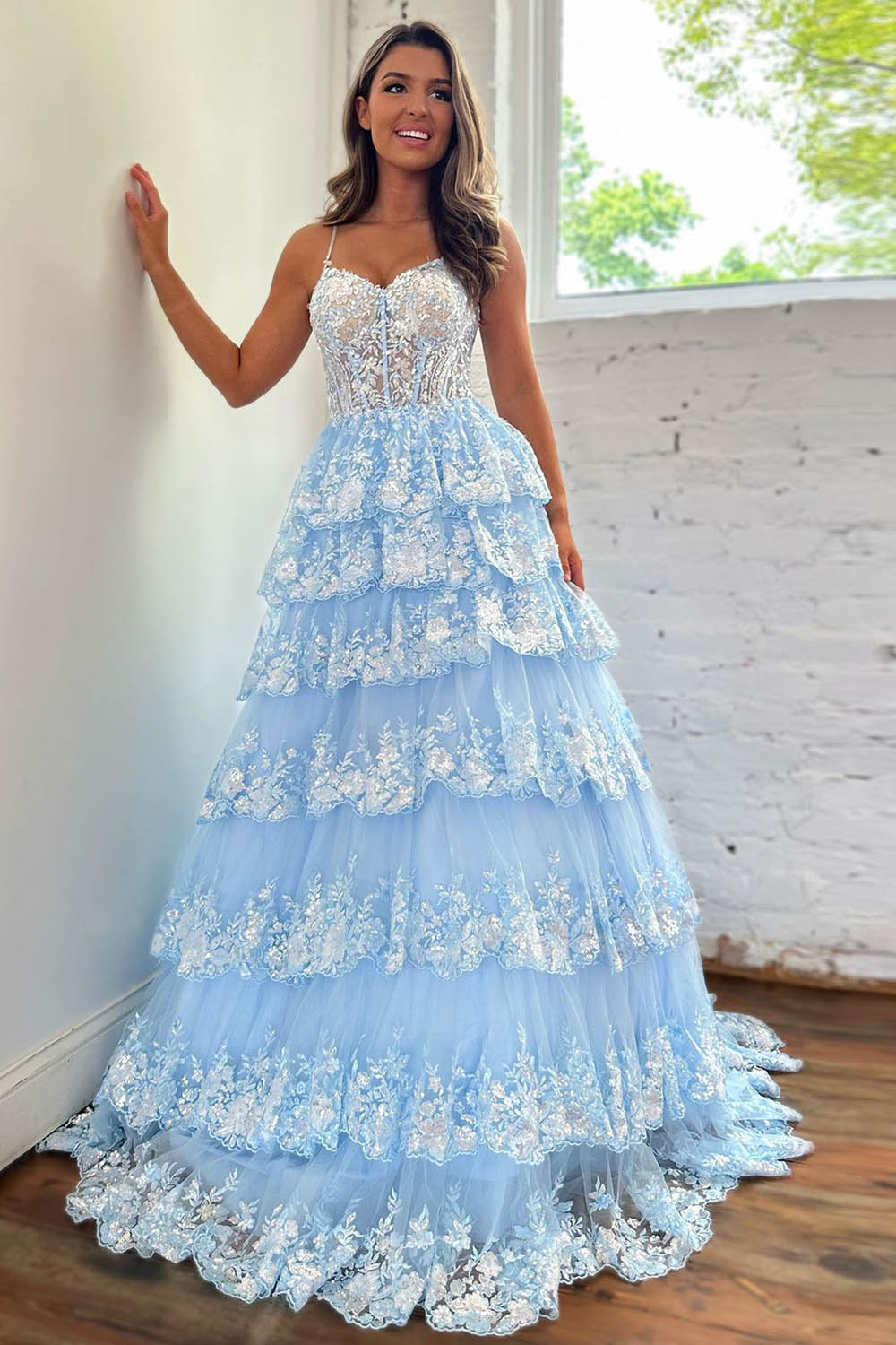 Blue Corset Prom Dress with Princess A Line and Lace Ruffles on Spaghetti Straps