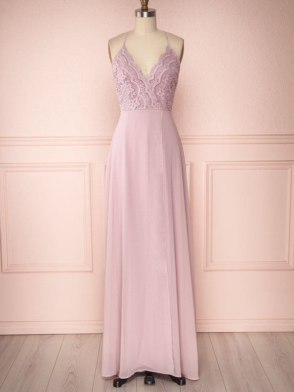 Sexy A-Line V-Neck Spaghetti Straps Lace Chiffon Floor-Length Bridesmaid Dresses