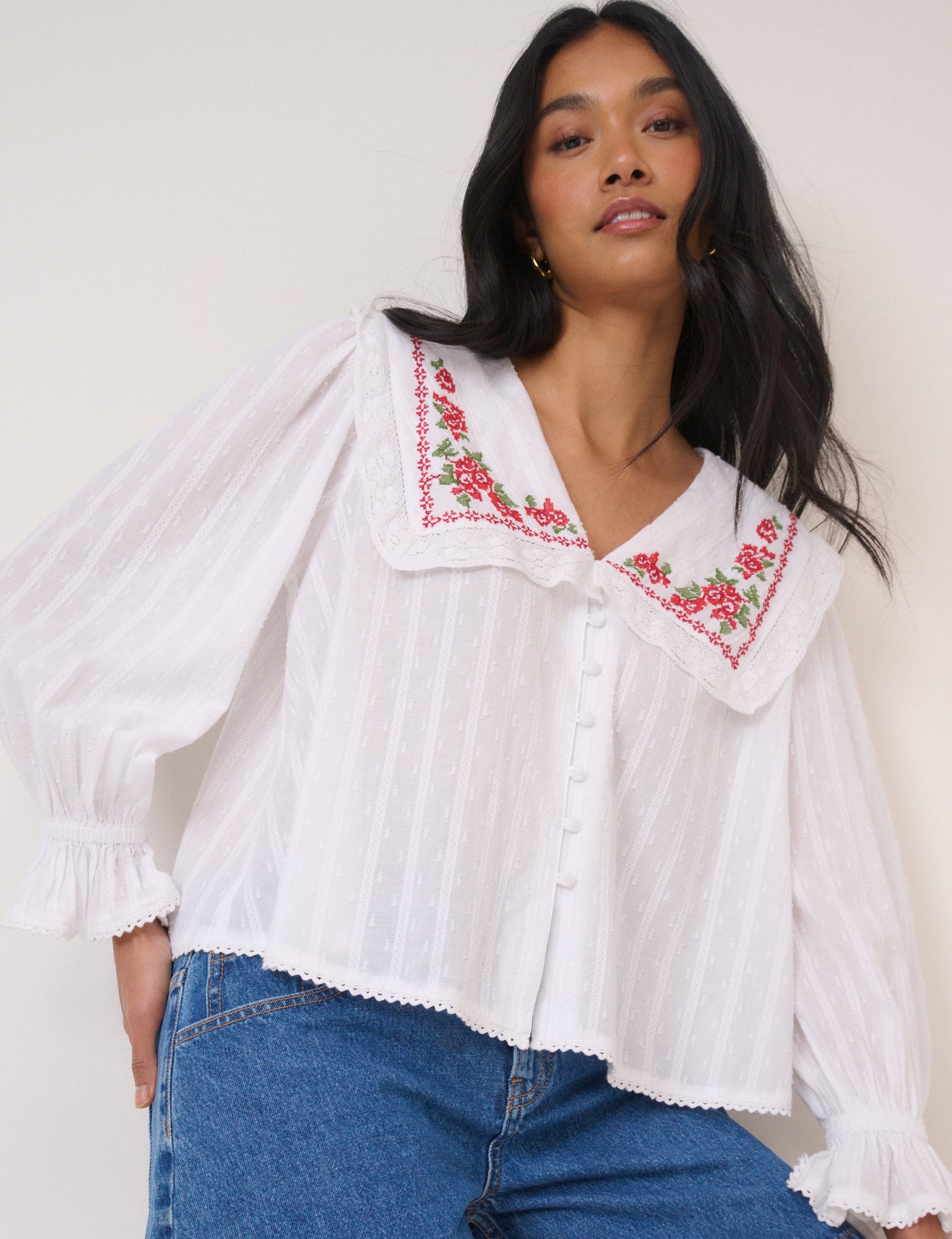 White Floral Collar Embroidered Blouse