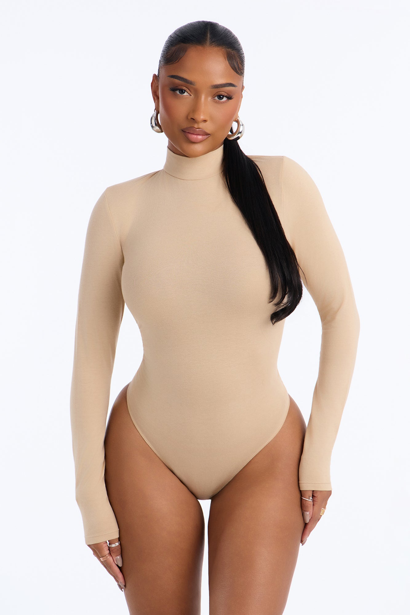 Mock Neck Cotton Blend Bodysuit - Sand
