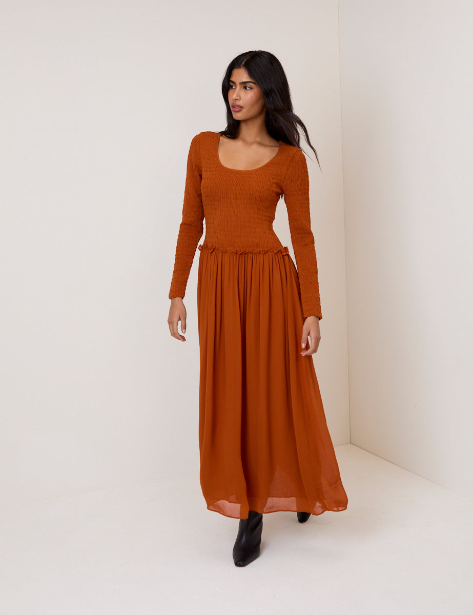Burnt Orange Shirred Long Sleeve Sorelle Midi Dress