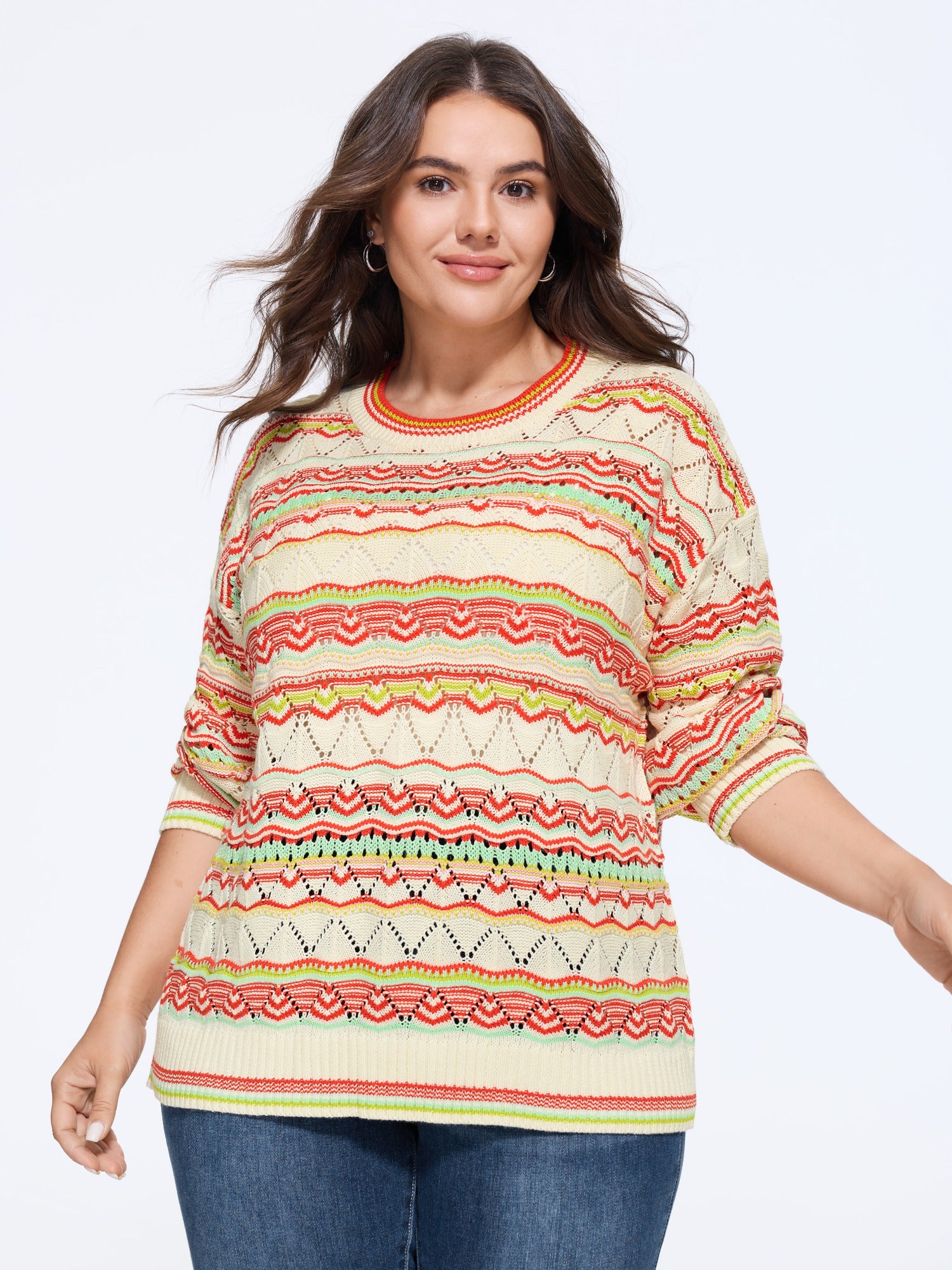 Geometric Pattern Crew Neck Cut Out Pullover