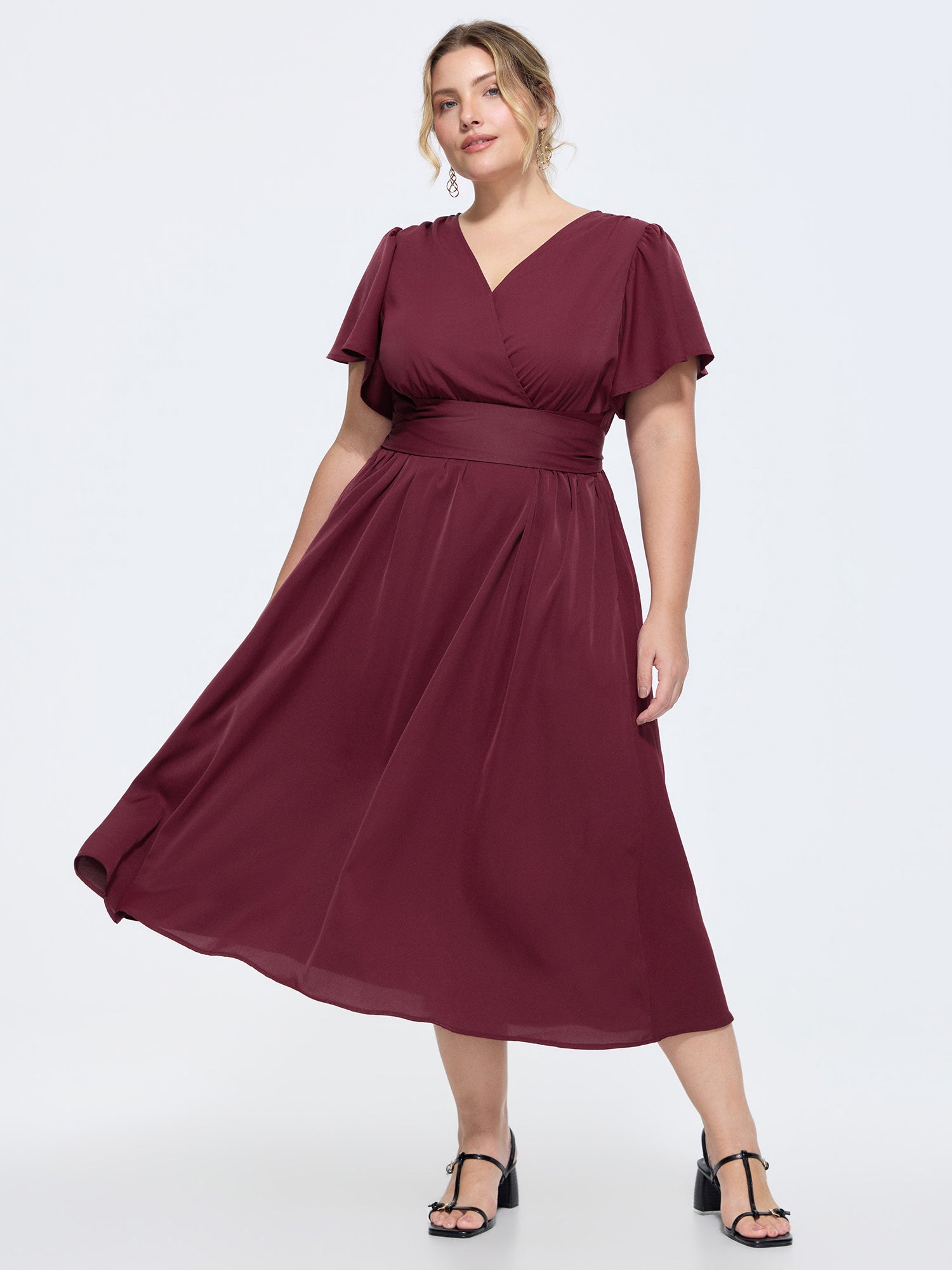 Ruffled Sleeve Waist-Tie Midi Dress